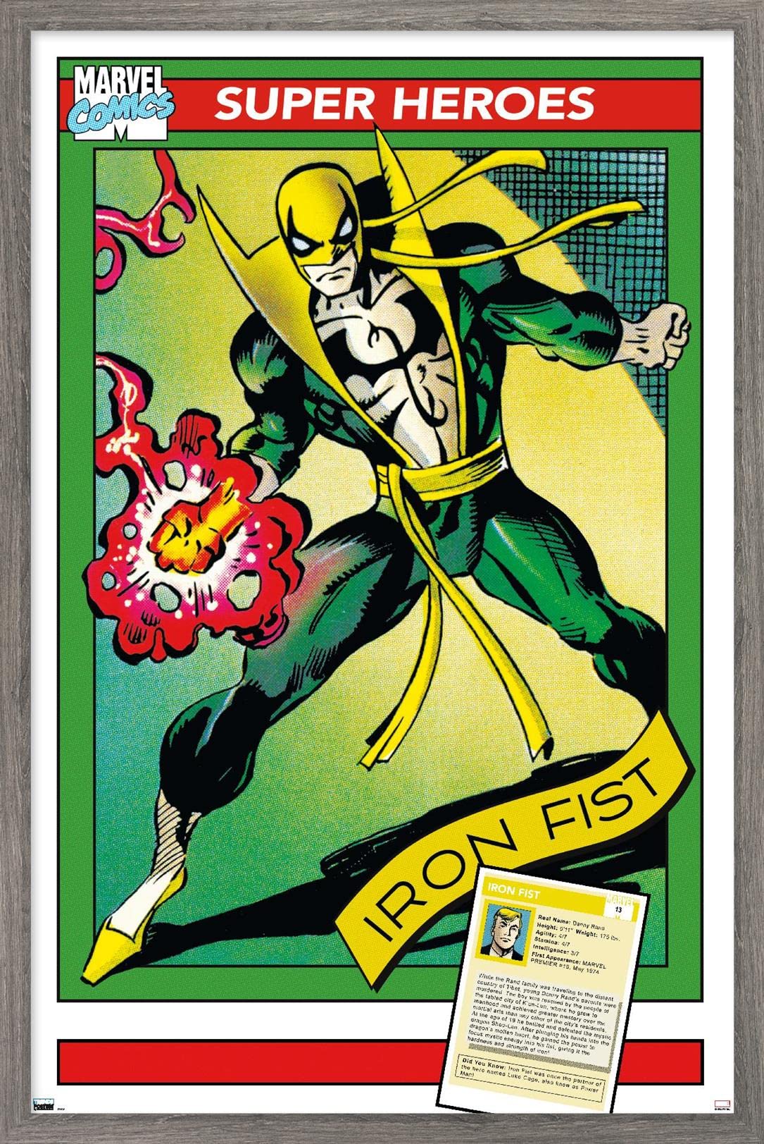 Marvel Iron Fist Trading Card Wall Poster - 22.375 x 34 Inches Barnwood Framed - Collectible Superhero Decor for Home, Office & Game Room