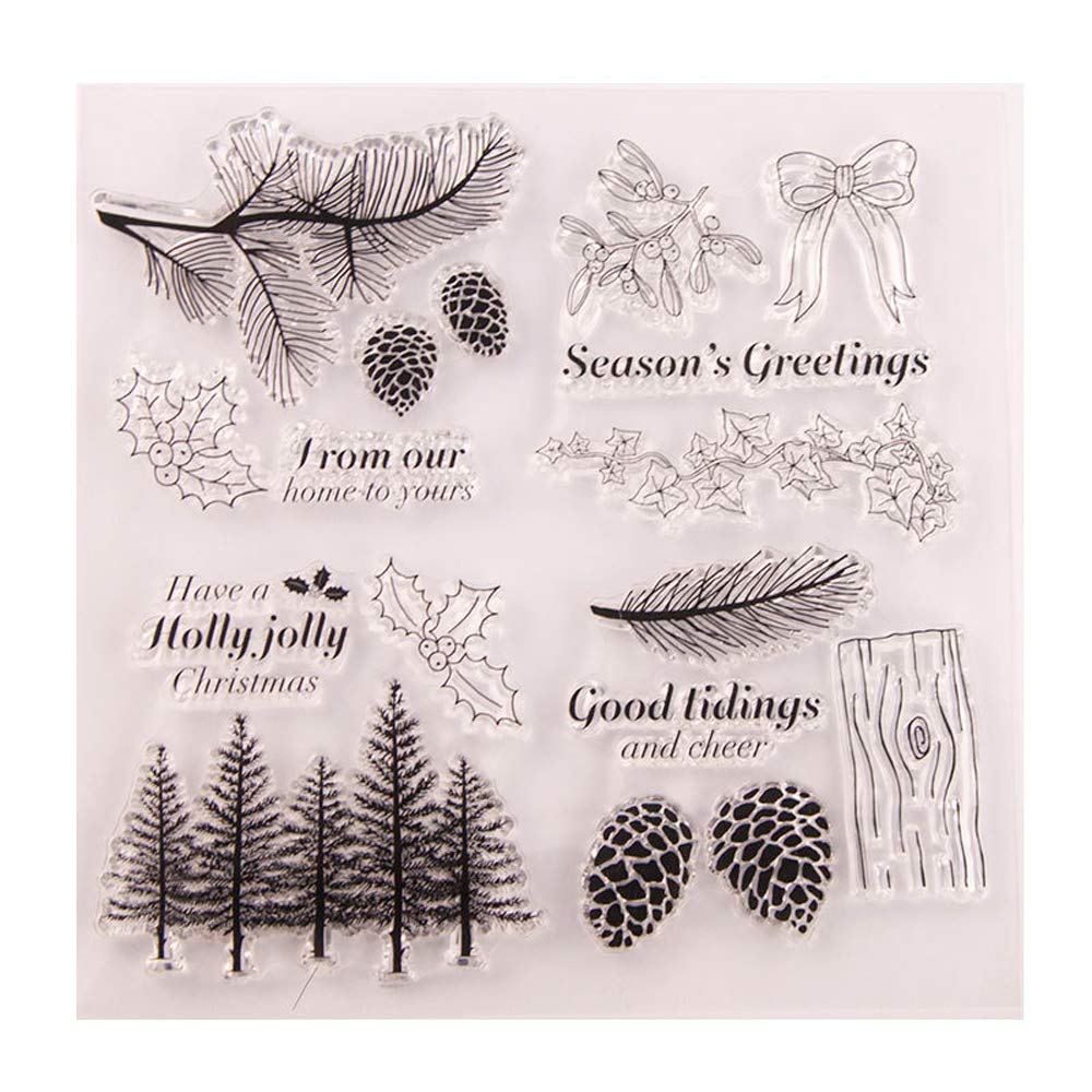 Winter Trees Branch Leaves Pine Cones Bow Clear Rubber Stamps for Card Making, Scrapbooking & Christmas Wishes - Silicone Stamps Set (T1641) - Perfect for DIY Greeting Cards, Holiday Crafts & Gift Wrapping