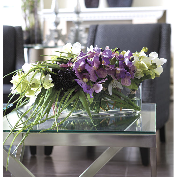 13Hx25W Mixed Silk Vanda Orchid Flower Arrangement with Glass Vase - Purple & Green | Elegant Home Decor for Living Room, Wedding Centerpiece & Office Desk