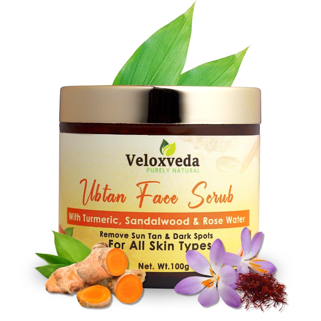 VeloxVeda Ubtan Face & Body Scrub for Women & Men | Natural Turmeric & Sandalwood Exfoliator | Brightening Scrub for Blackheads, Tan Removal & Glowing Skin | Cruelty-Free, Paraben-Free, SLES-Free (100g) | Perfect for Daily Skincare Routine & Spa Treatments