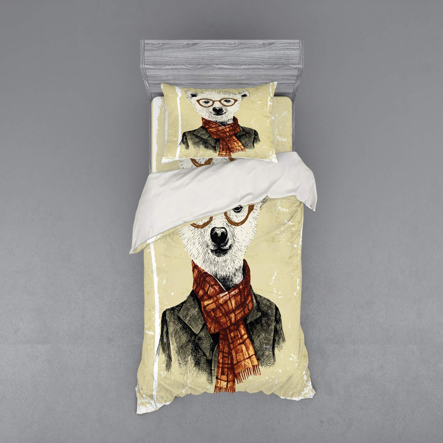 Ambesonne Animal Duvet Cover Set - Hipster Bear with Glasses Scarf Jacket Wild Mammal Humorous Artwork, 3-Piece Twin Size Bedding Set with Pillow Sham & Fitted Sheet in Cream Dark Orange Black | Perfect for Kids' Rooms, Teen Bedrooms & Unique Home Decor
