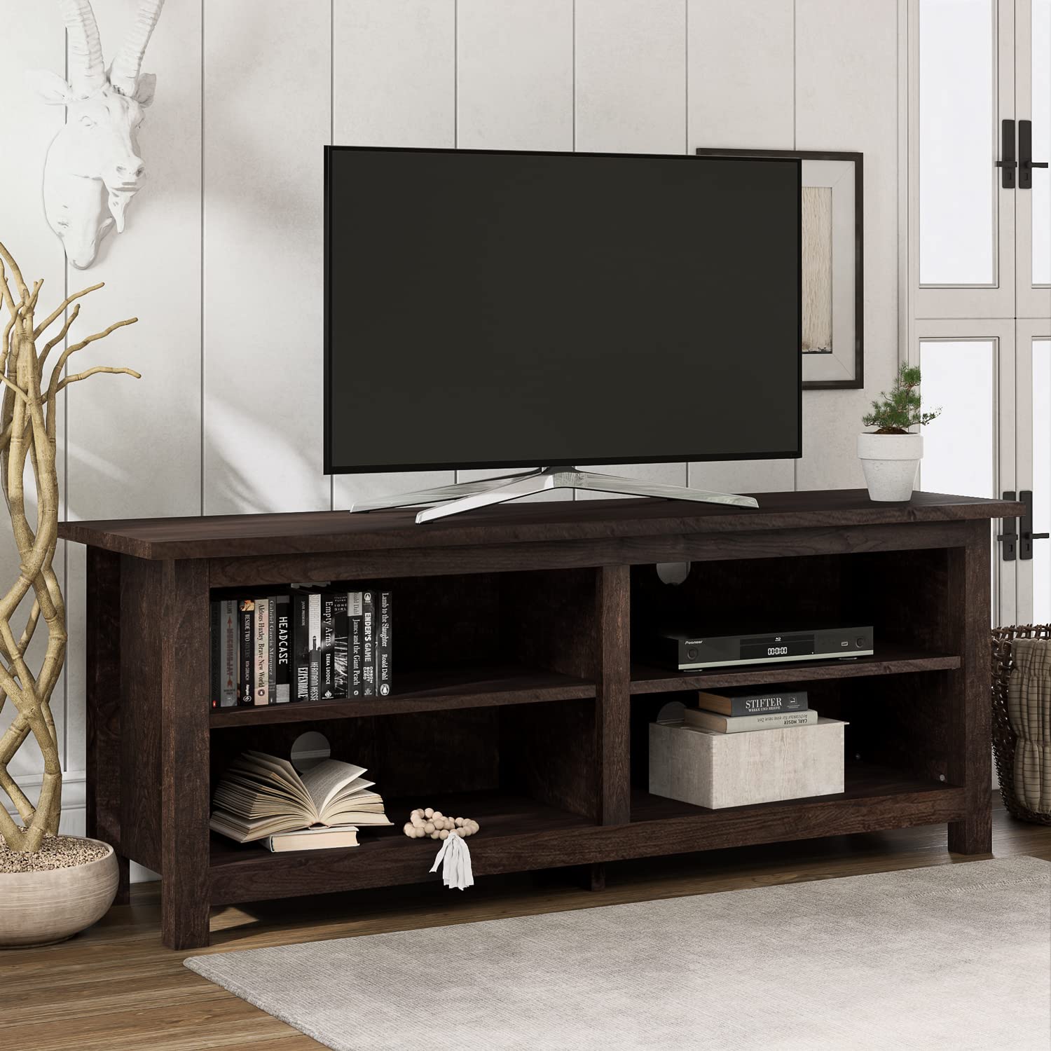 SHA CERLIN 58 Inch TV Stand - Farmhouse Style Entertainment Center for 65 Inch TVs, Classic Wood Media Console with 2 Adjustable Shelves, Light Brown - Perfect for Living Room, Bedroom & Home Theater Setup