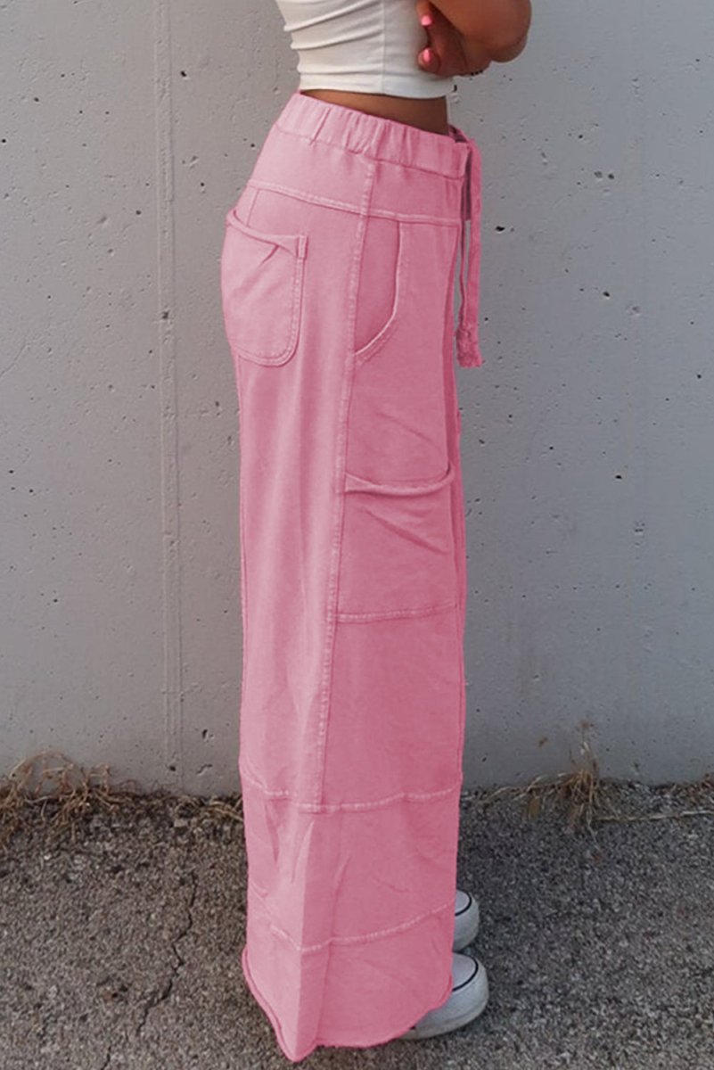 Bonbon Mineral Wash Exposed Seam Drawstring High Waist Cargo Pants for Women - Stylish & Comfortable Outdoor Hiking, Travel, and Casual Wear