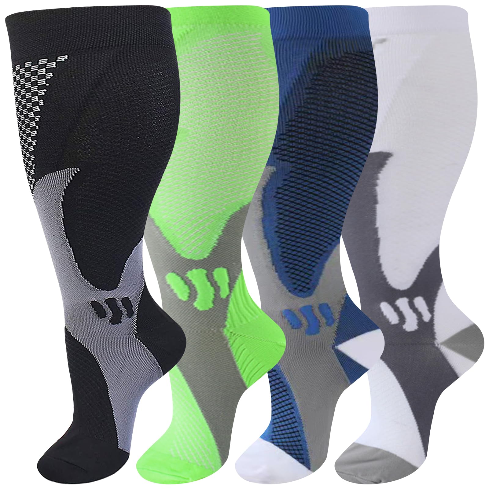 DZSoCoki 20-30mmHg Compression Socks for Women & Men - 4 Pairs Wide Calf Support Socks for Nurses, Pregnancy, Travel & Running - Improve Circulation & Reduce Swelling - Perfect for Long Shifts, Flights & Workouts
