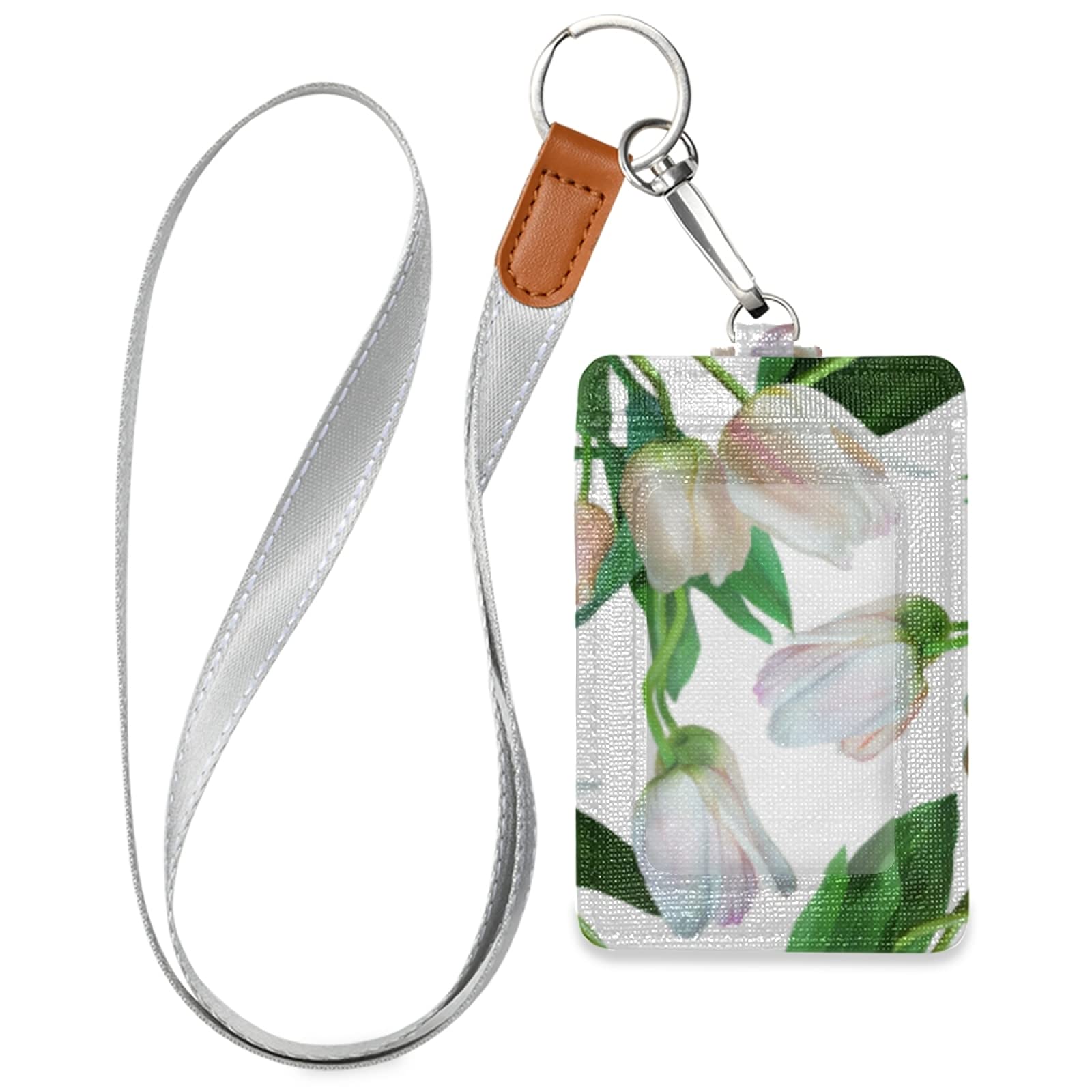 White Tulips Vertical Leather ID Badge Holder with Lanyard - Office & School Staff Accessory