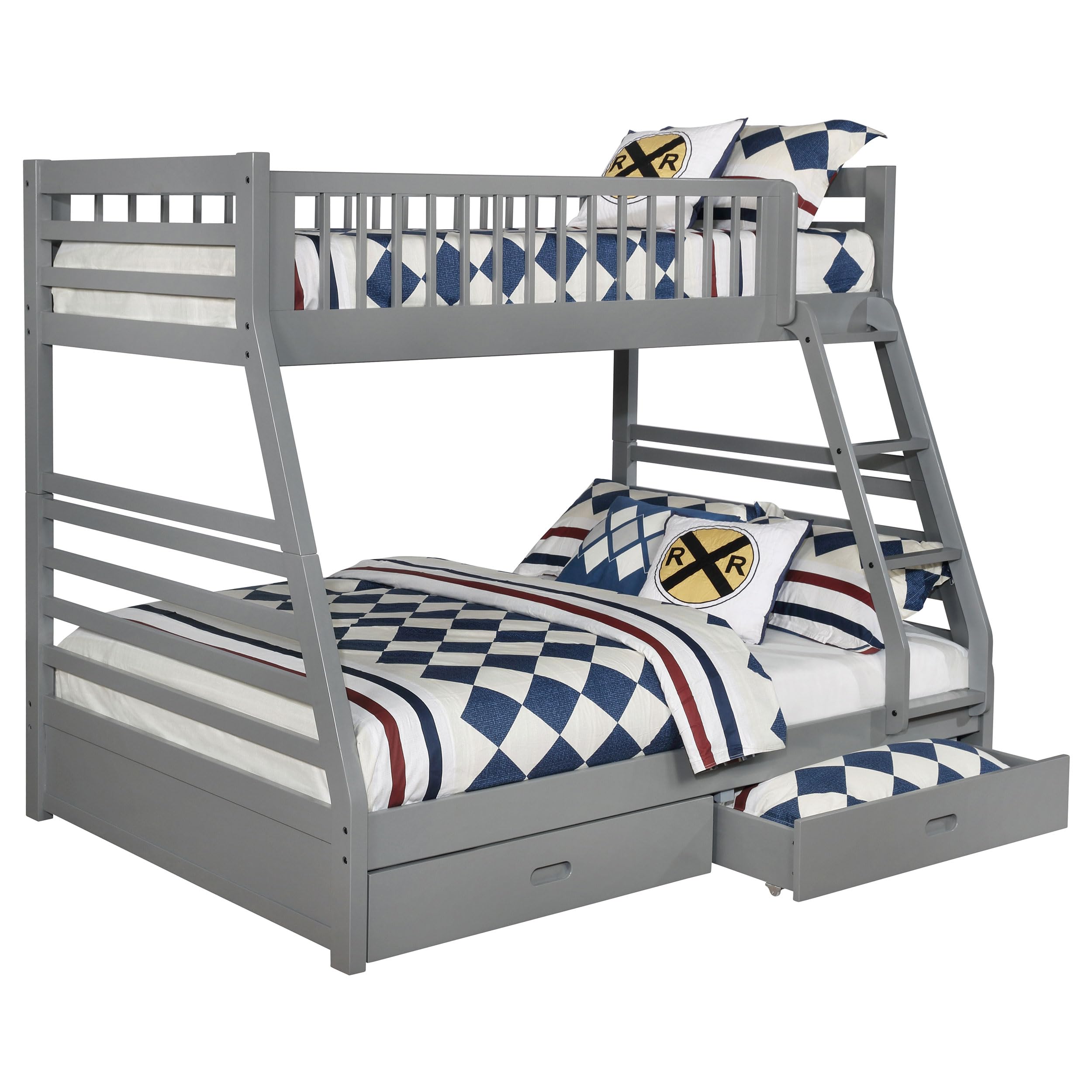 Wood Twin Over Full Bunk Bed Frame with Ladder & Drawers - Grey for Kids' Bedroom