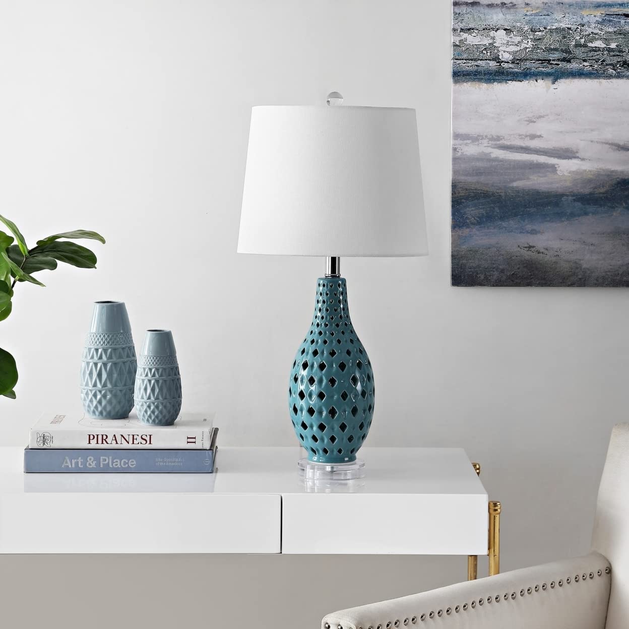 SAFAVIEH Harlem Trellis Blue Ceramic Table Lamp - 26 Inch LED Desk Lamp for Bedroom, Living Room, Home Office & Nightstand (Bulb Included) | Elegant Lighting for Reading, Working & Home Decor