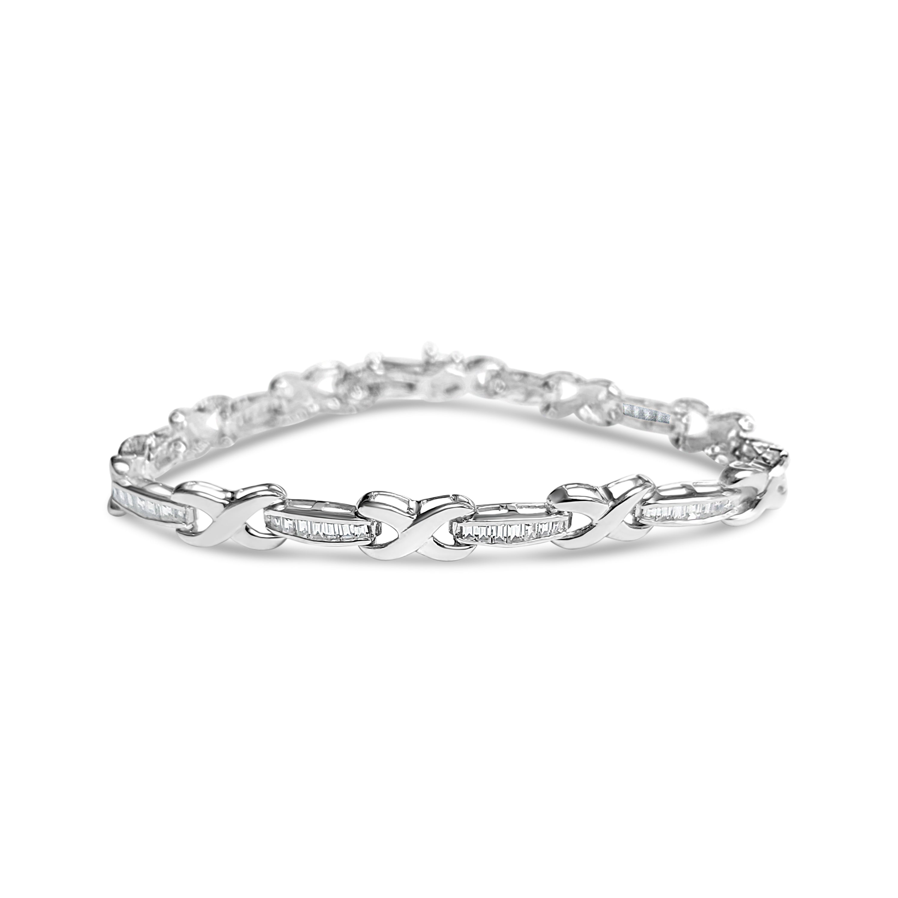 14k White Gold X-Linked Baguette Diamond Tennis Bracelet | Elegant Stackable Bracelet for Women, Perfect for Weddings, Anniversaries & Special Occasions