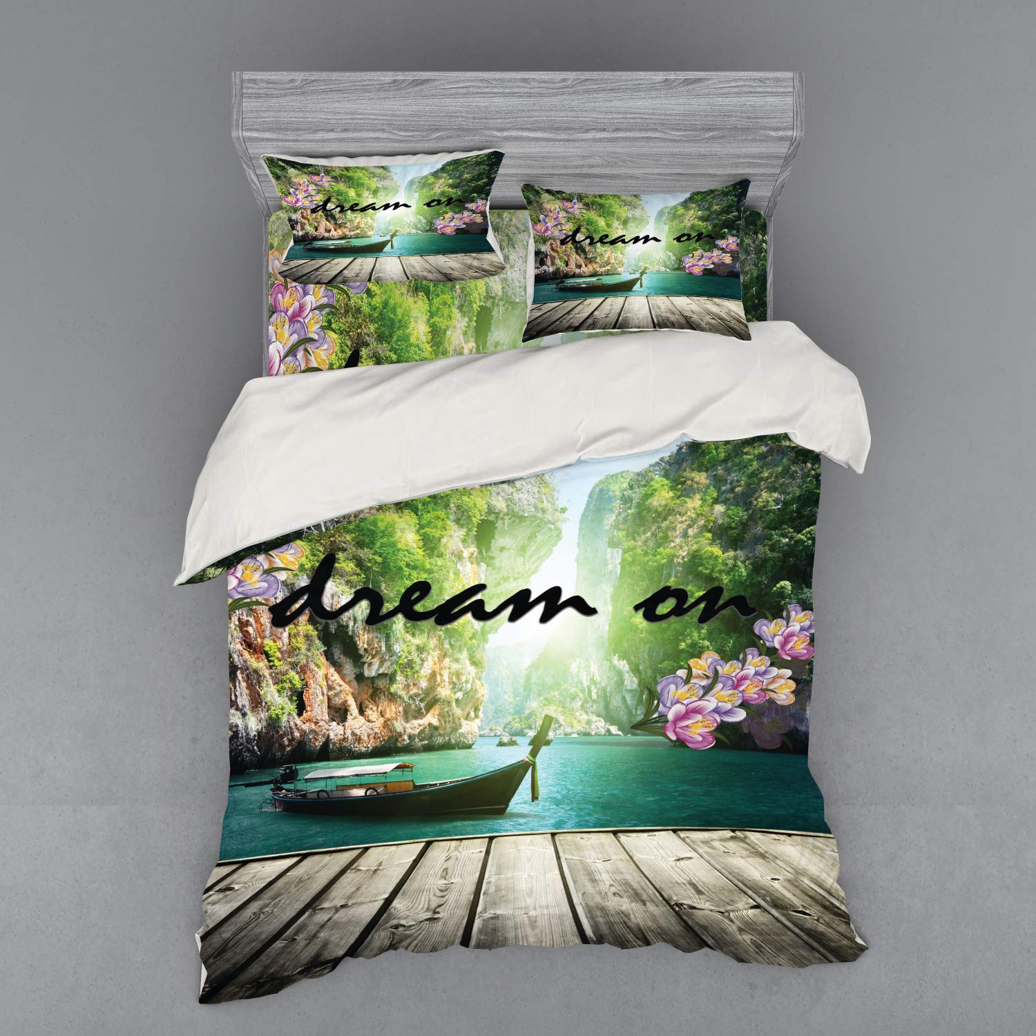 Ambesonne Floral Dream Lettering Duvet Cover Set - 4 Piece Queen Size Bedding with Shams & Fitted Sheet, Nature Landscape Design with Pier and Boat - Perfect for Coastal & Boho Bedroom Decor