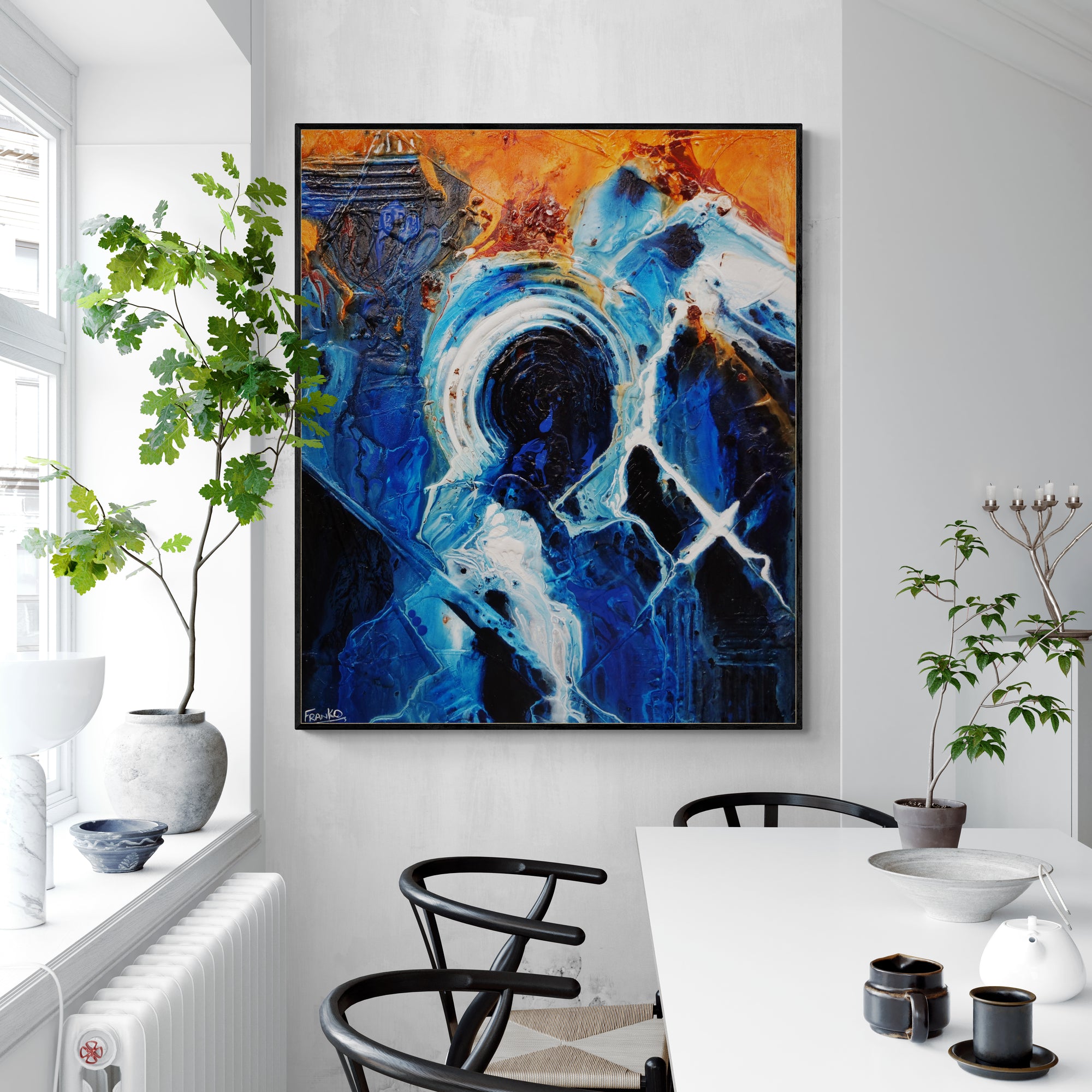 Blue and Orange Textured Abstract Painting - 47x39 Inch Leather & Sapphire Inspired Wall Art for Living Room, Bedroom, or Office Decor