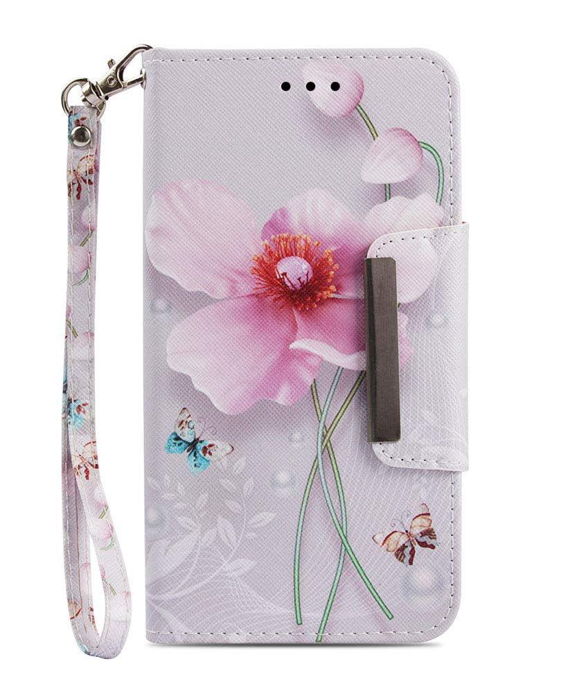 JanCalm Premium PU Leather Wallet Case for iPhone 8 Plus/7 Plus - Floral Design Credit Card Holder with Stand Feature, Wrist Strap & Protective Cover (Perfect for Everyday Use, Travel & Hands-Free Viewing)