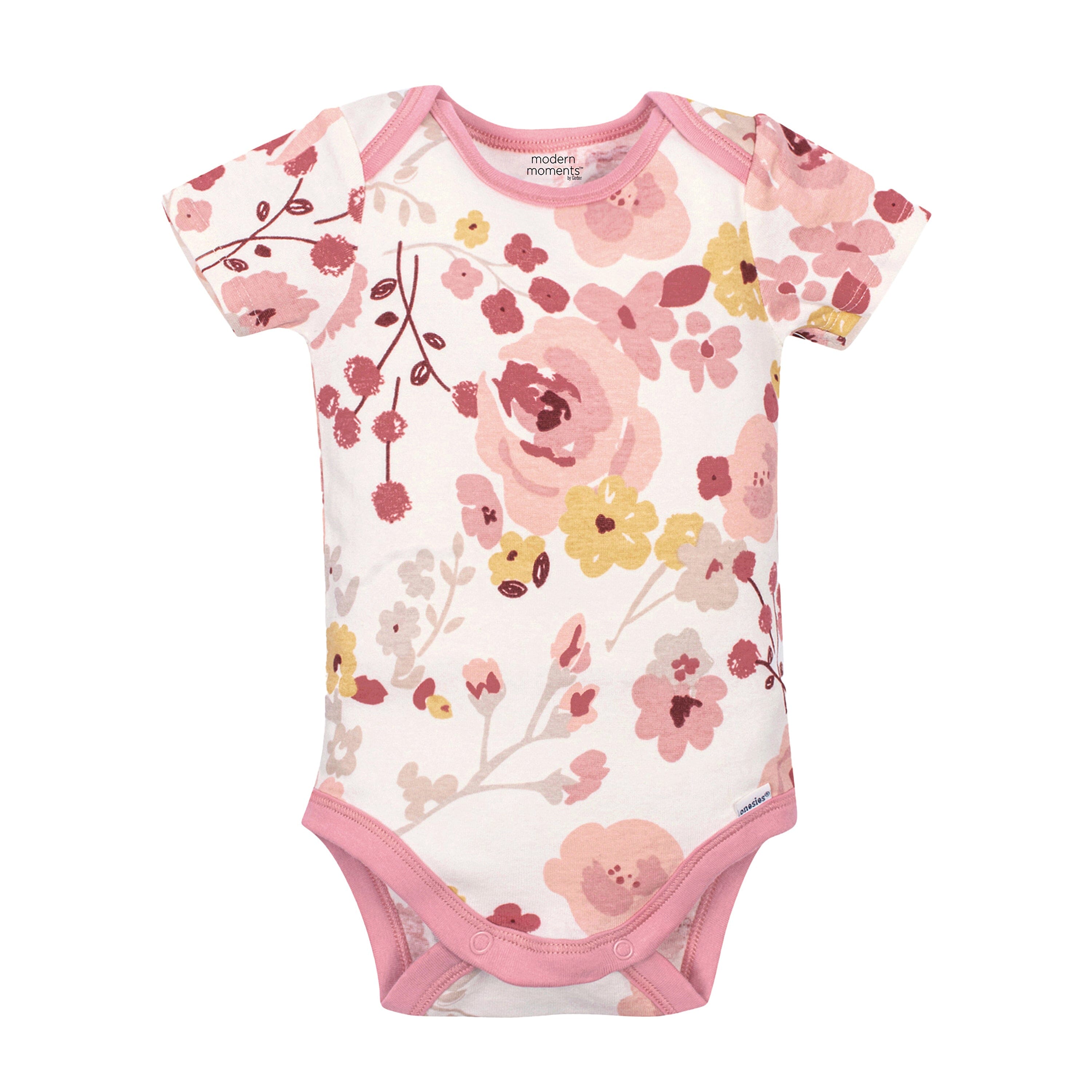 4 Pack Baby Girls Pink Floral Short Sleeve Onesies® Bodysuits - Soft Cotton Infant Rompers for Newborns & Toddlers - Perfect for Playtime, Daycare & Photo Shoots