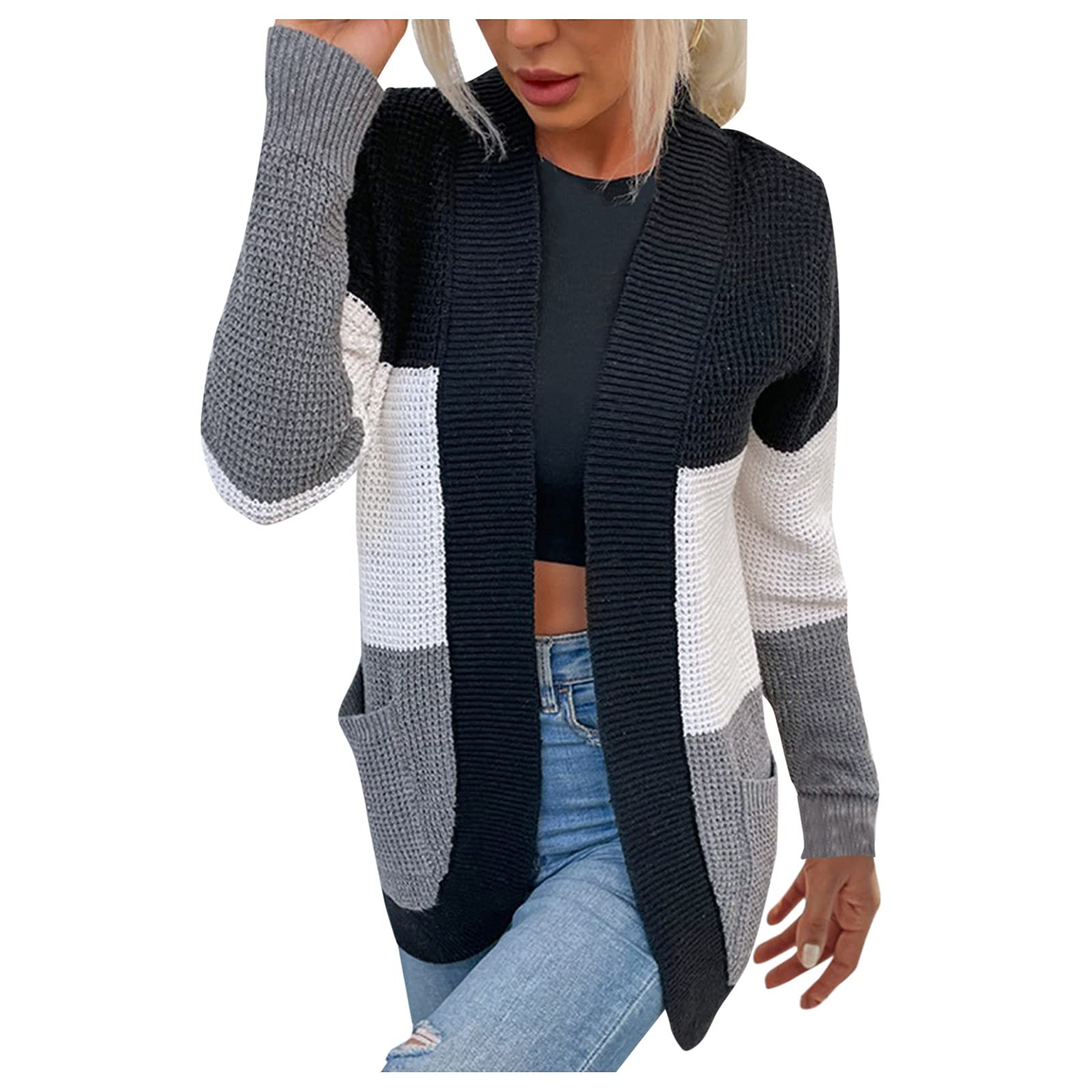 Women's Cropped Boho Long Sleeve Cardigan - Casual Spliced Sweater for Everyday Wear | Perfect for Office, Date Night & Fall Layering