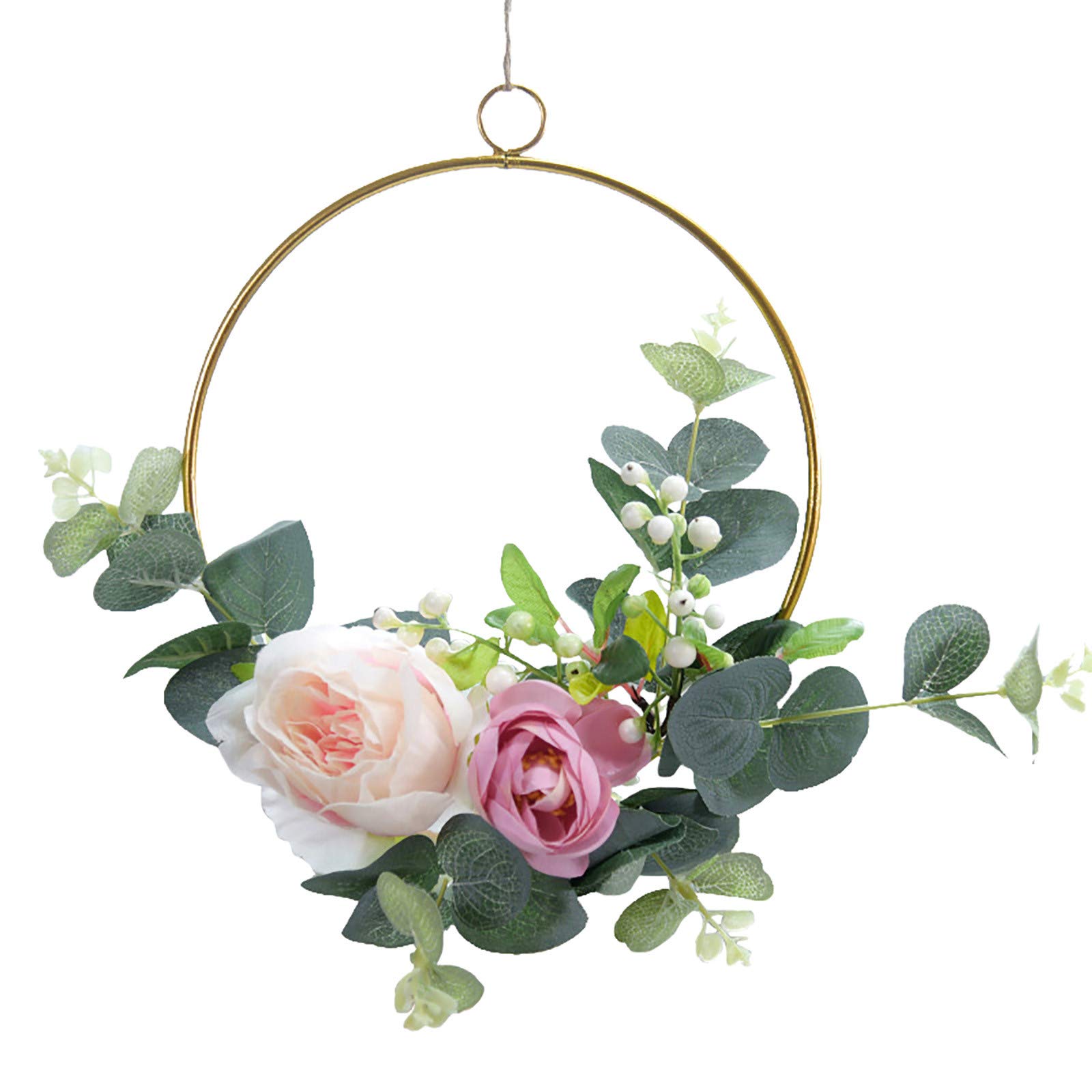 Realistic Artificial Silk Flowers - Pink Floral Wall Wreath Decor | Metal Iron Wrought Hanging Home Decoration for Living Room, Bedroom & Wedding