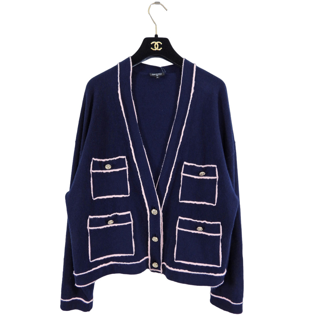 Chanel 21S Navy and Pink No. 5 Cashmere Cardigan Sweater Women's Size FR42 / US10 - Luxury Knitwear for Fall & Winter Fashion, Office Wear & Special Occasions