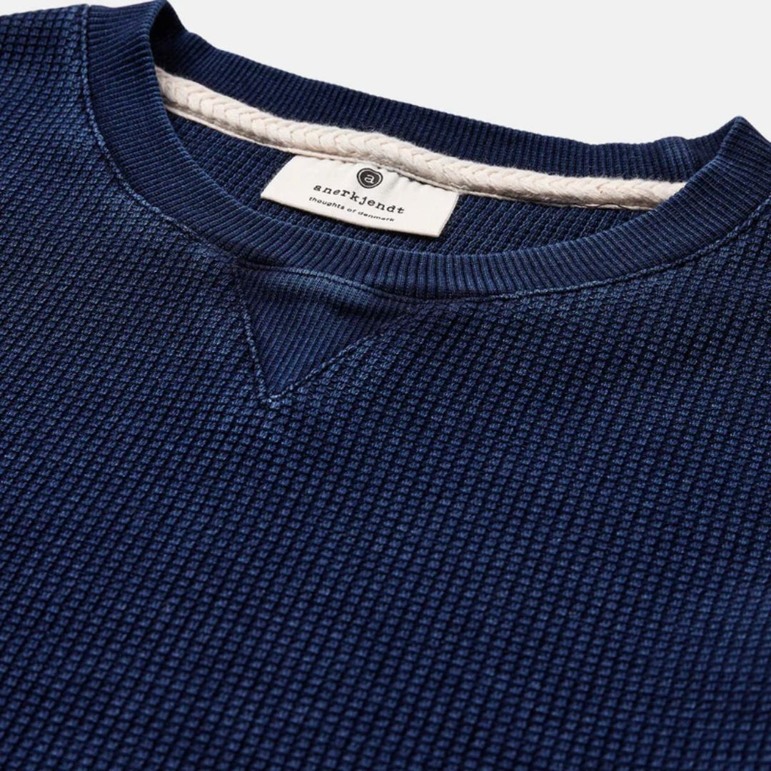 Akruben Indigo Waffle Sweater for Men - Soft Cotton Knit Pullover with Waffle Texture (Sky Captain Blue) - Perfect for Casual Wear, Fall Layering & Outdoor Activities