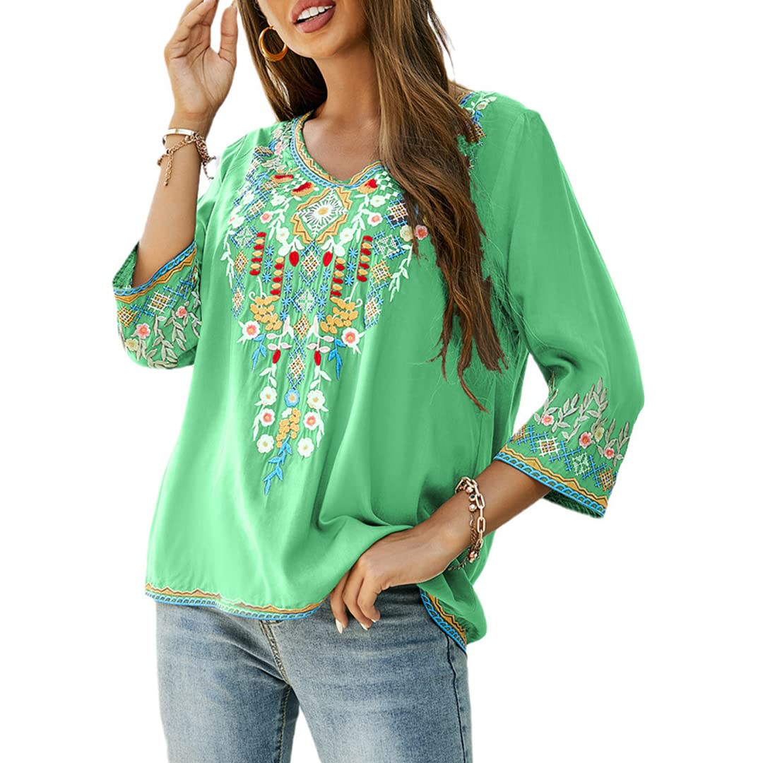 Women's 3/4 Sleeve V-Neck Embroidery Tunic Blouse - Casual Loose Bohemian Peasant Top for Everyday Wear, Office & Summer Outfits