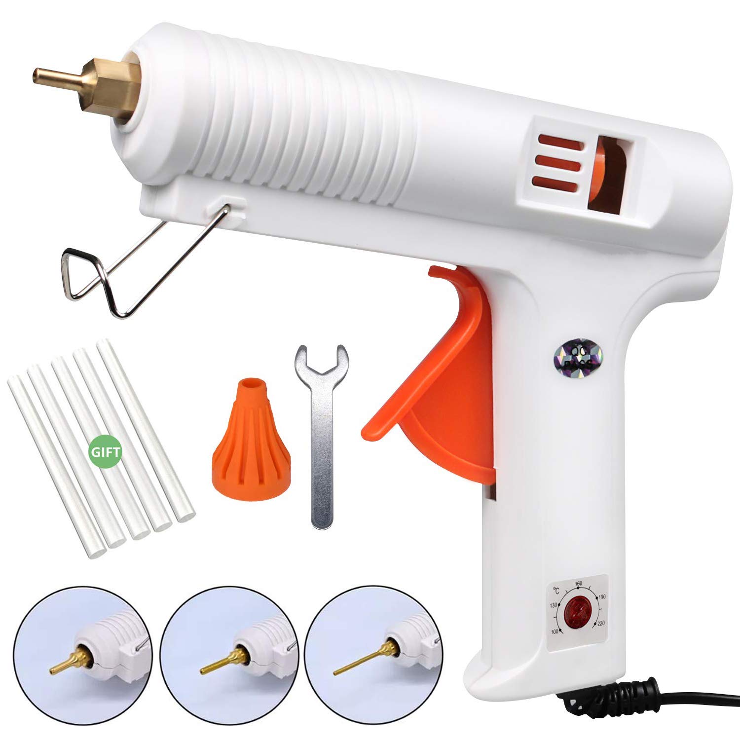 150W Full Size Hot Glue Gun with 4 Copper Nozzles & 5 Glue Sticks - Adjustable Temperature Professional Craft Tool for DIY, Home Repairs, Woodworking, Scrapbooking & Art Projects