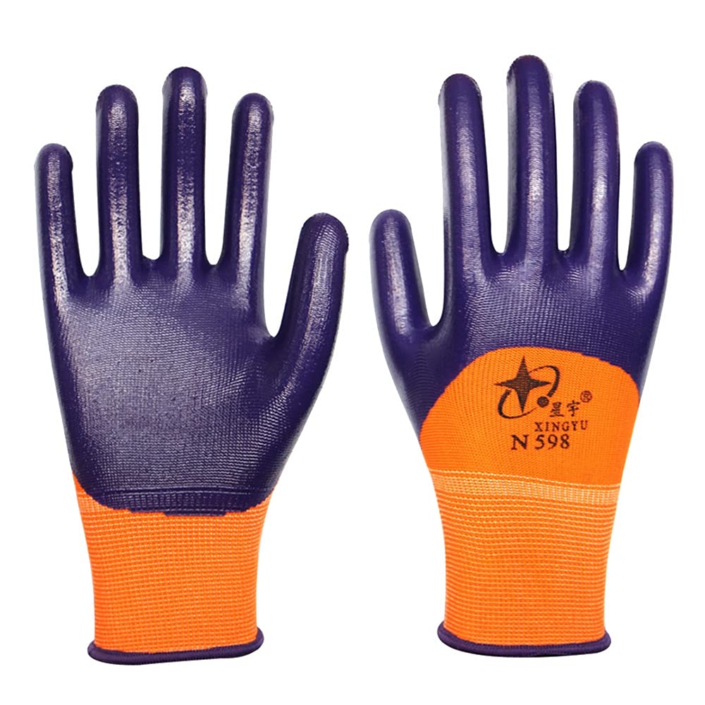 Premium Waterproof Work Gloves for Men & Women - Foam Latex & Rubber Coated Gardening Gloves (Purple) - Ideal for Outdoor Work, Landscaping & DIY Projects