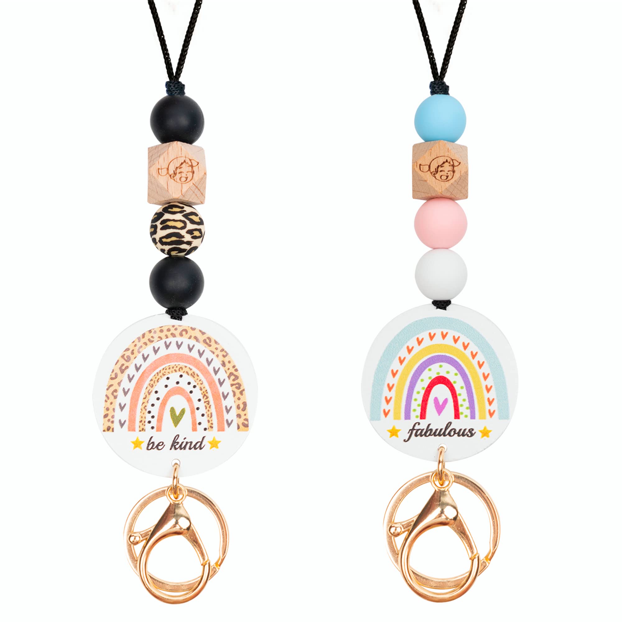 2PCS Rainbow Beaded Lanyards for ID Badges & Keys - Boho Teacher & Office Fashion Accessory