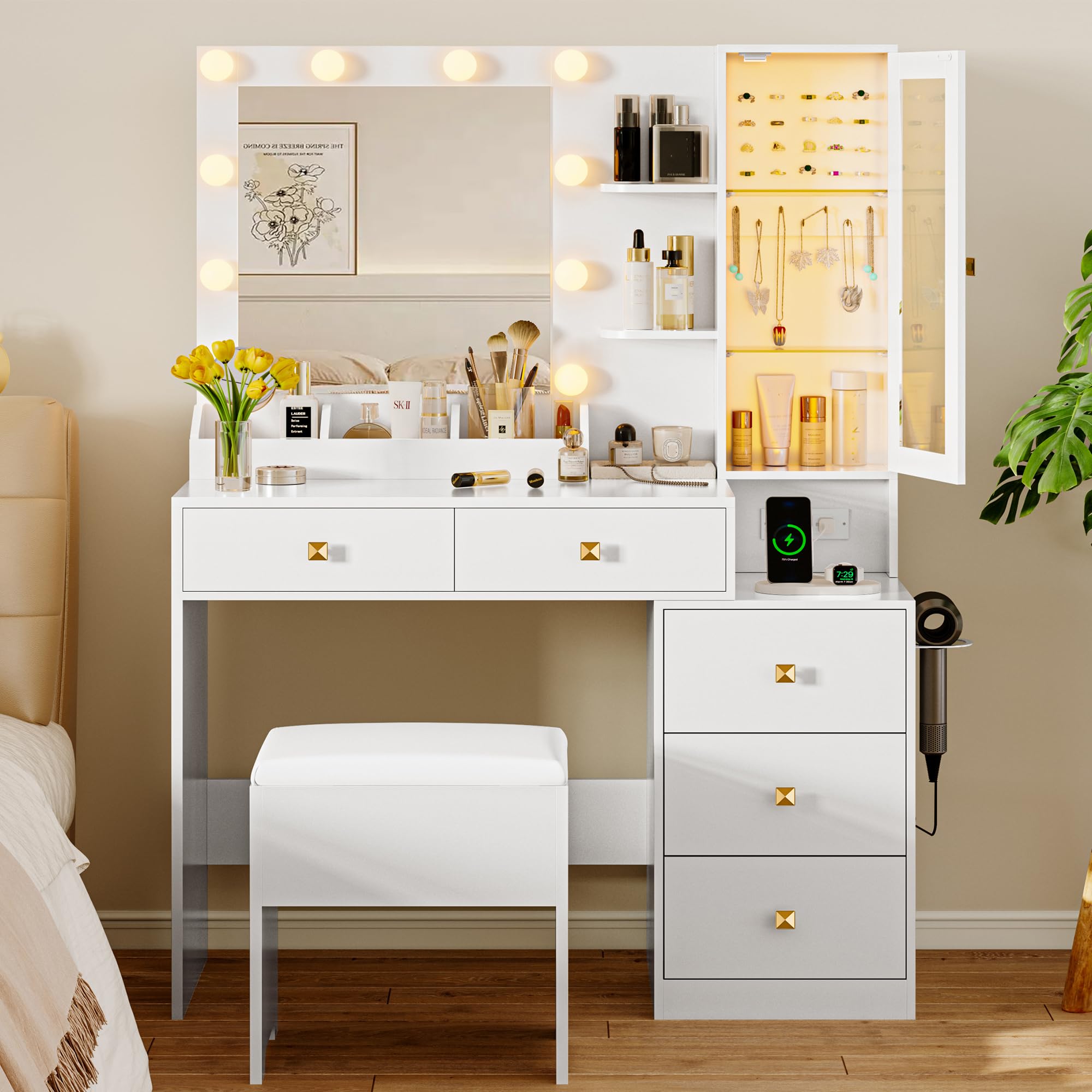 Vanity Desk with Mirror and Lights - Makeup Vanity Table Set with 5 Storage Drawers, Power Outlet & Stool - Small Dressing Table with Adjustable RGB Ambient Lighting - Perfect for Girls Bedroom, Home Salon or Bridal Makeup Station - White