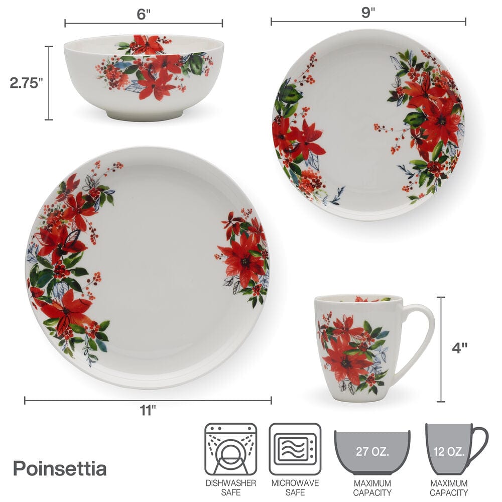 16-Piece Winter Poinsettia Dinnerware Set - Service for 4 | Elegant Holiday Tableware for Christmas Dinner & Festive Gatherings
