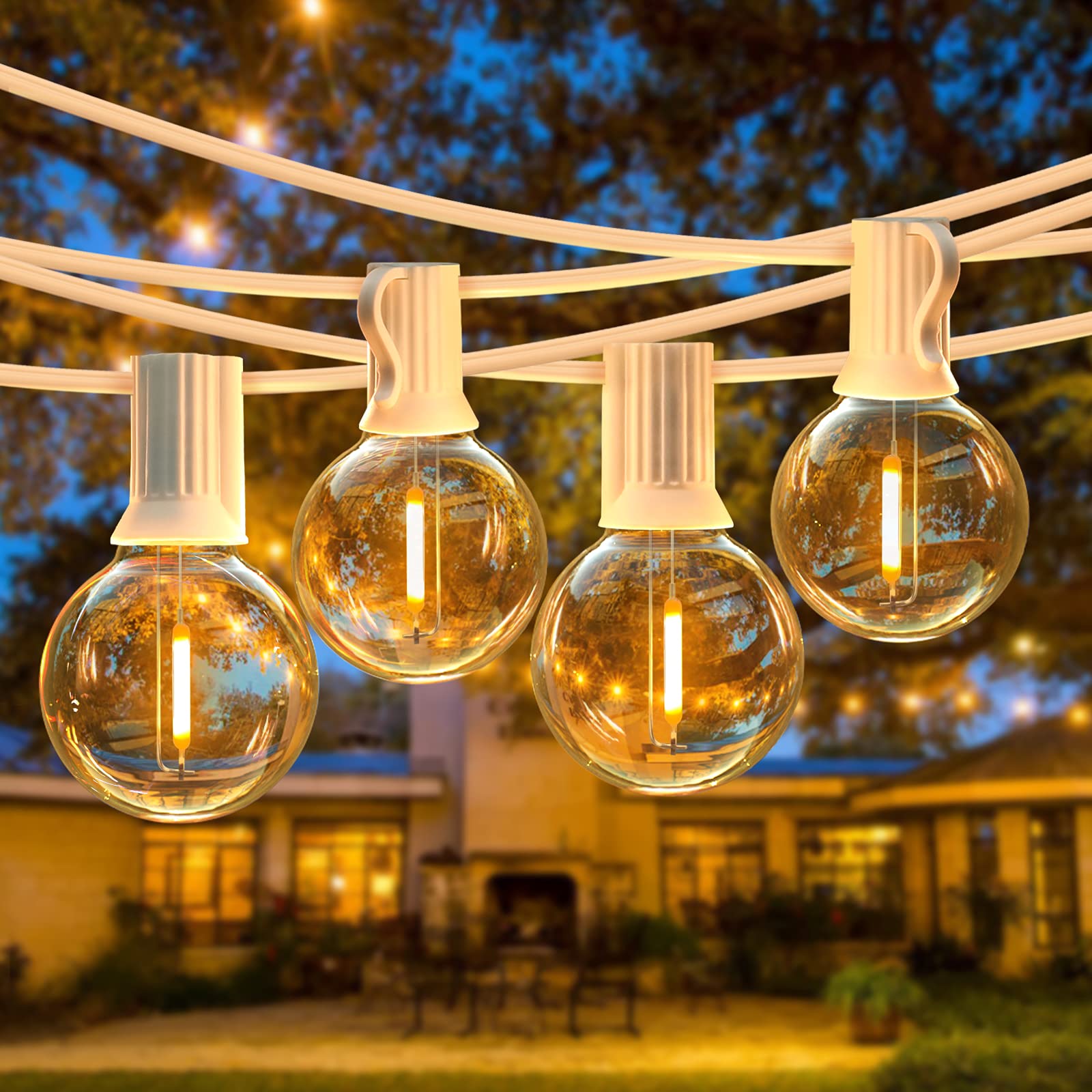 50FT LED G40 Globe String Lights White - Shatterproof Outdoor Patio Lights 2200K with 50+2 Dimmable Edison Bulbs - Waterproof Backyard Hanging Lights for Balcony, Party, Wedding, Garden & Bistro Decor