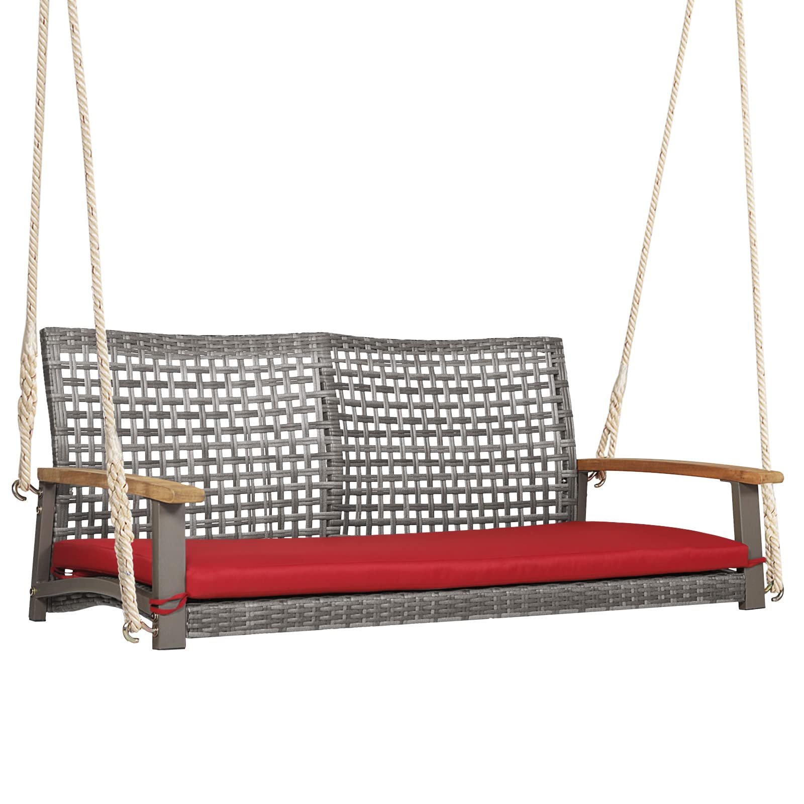 Happygrill 2-Person Outdoor Rattan Swing Chair with Acacia Wood Armrests - 118