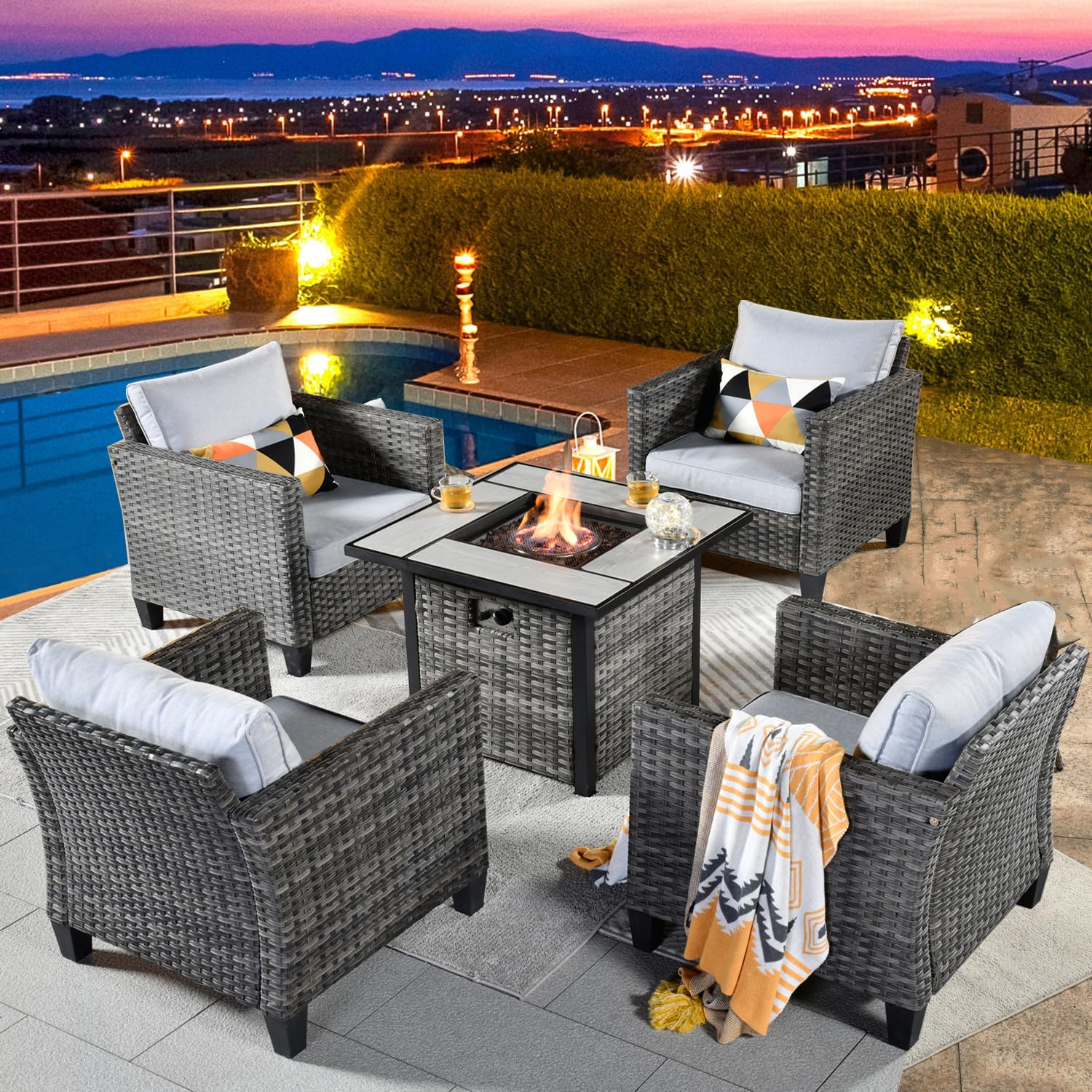**HOOOWOOO 5-Piece Outdoor Patio Conversation Set with Fire Pit Table - Small Grey Single Sofa Set for Backyard, Garden, Deck - Perfect for Relaxing & Entertaining**