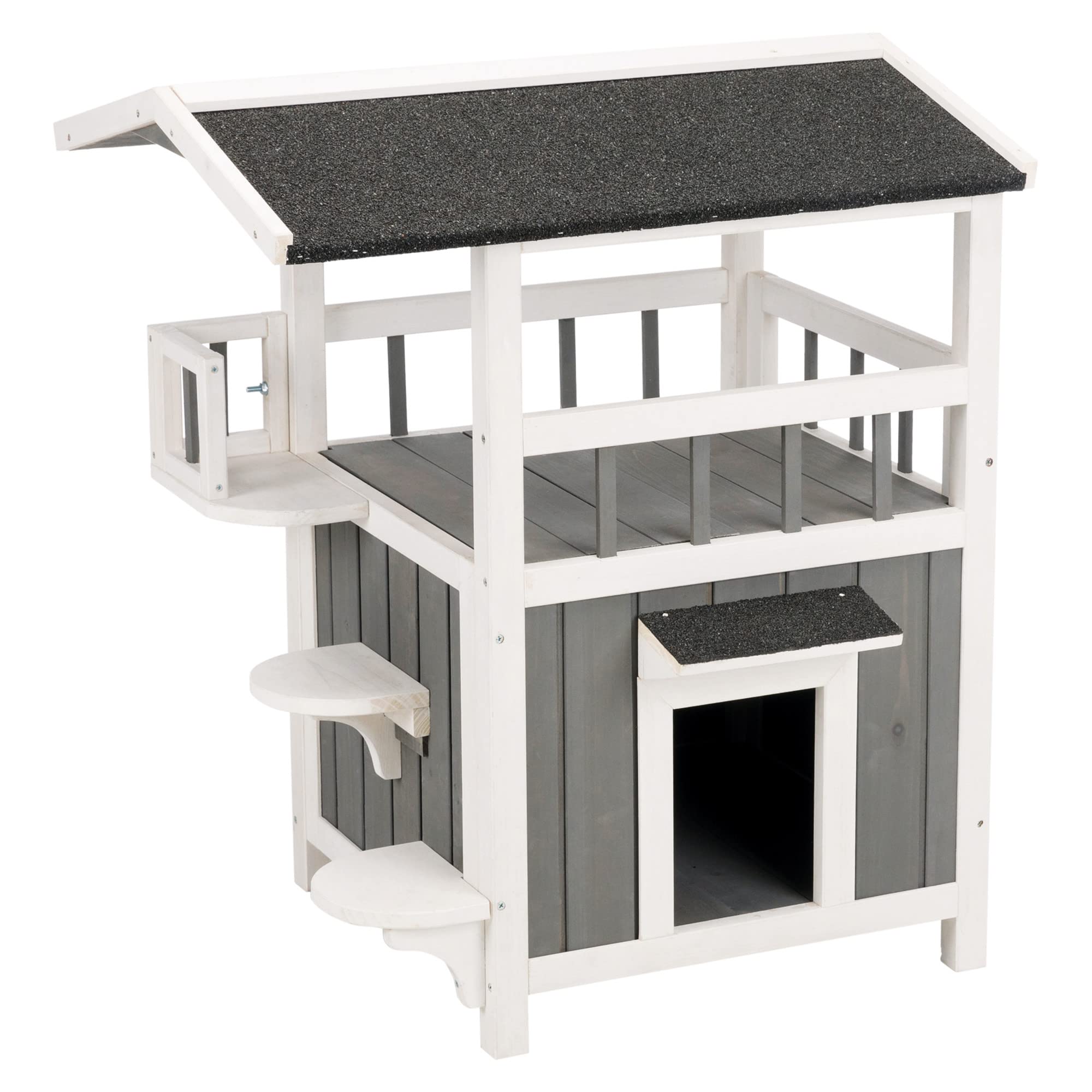 TRIXIE Weatherproof 2-Story Outdoor Cat House with Balcony, Shade & Side Steps - Durable Wooden Shelter for Cats & Small Dogs - Gray/White Fir Wood - Perfect for Backyard, Patio & Garden Use