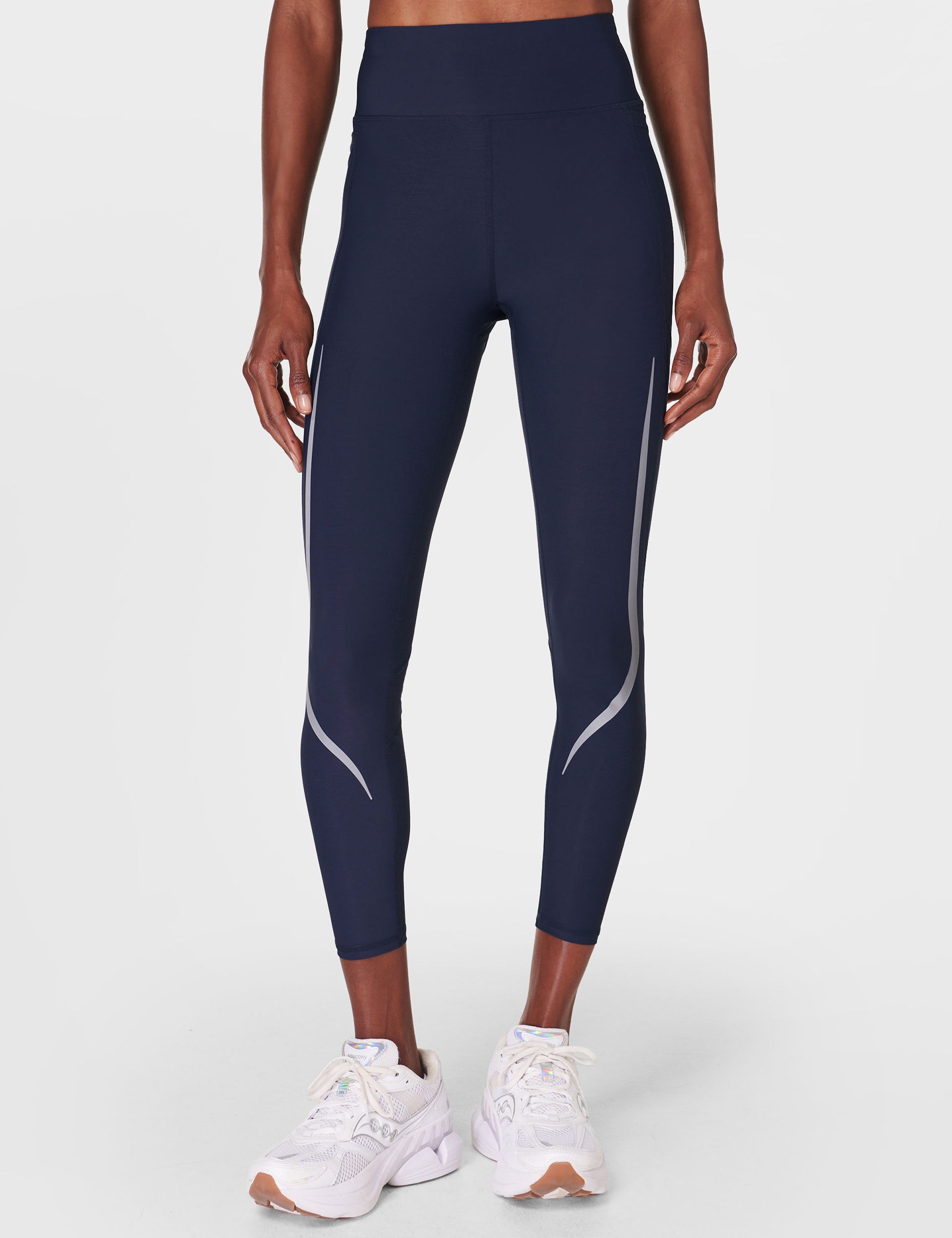 Zero Gravity 7/8 Illuminate Running Tight for Women - High Waist Yoga Pants with Reflective Details - Navy Blue - Perfect for Running, Yoga & Gym Workouts