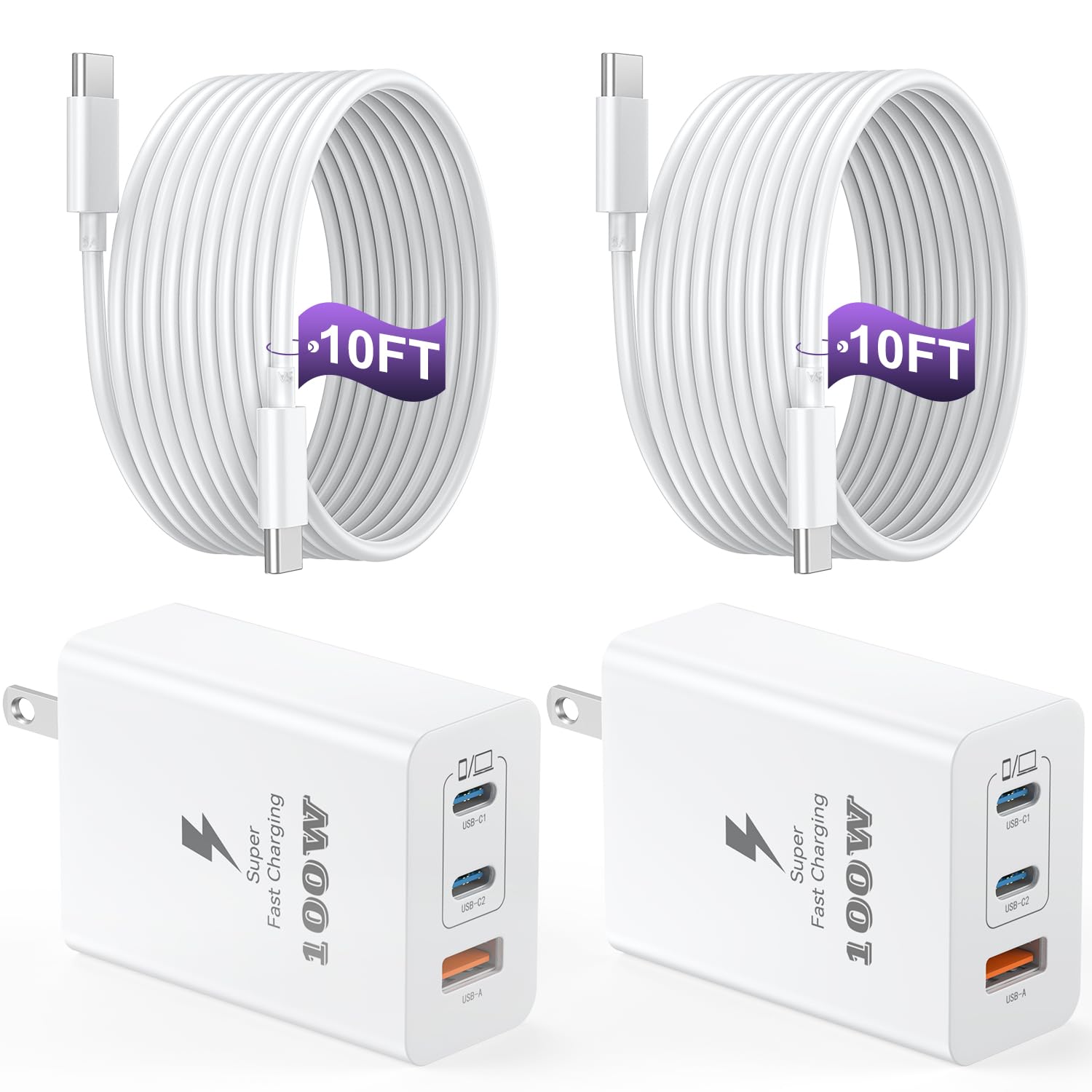 100W USB C Charger Block - 3-Port GaN Fast Wall Charger with 10ft USB C Cable - Compatible with MacBook Pro/Air, iPad Pro, iPhone 16/15 Pro, Galaxy S25/S24/S23 [2 Pack] - Perfect for Travel, Office & Home Charging