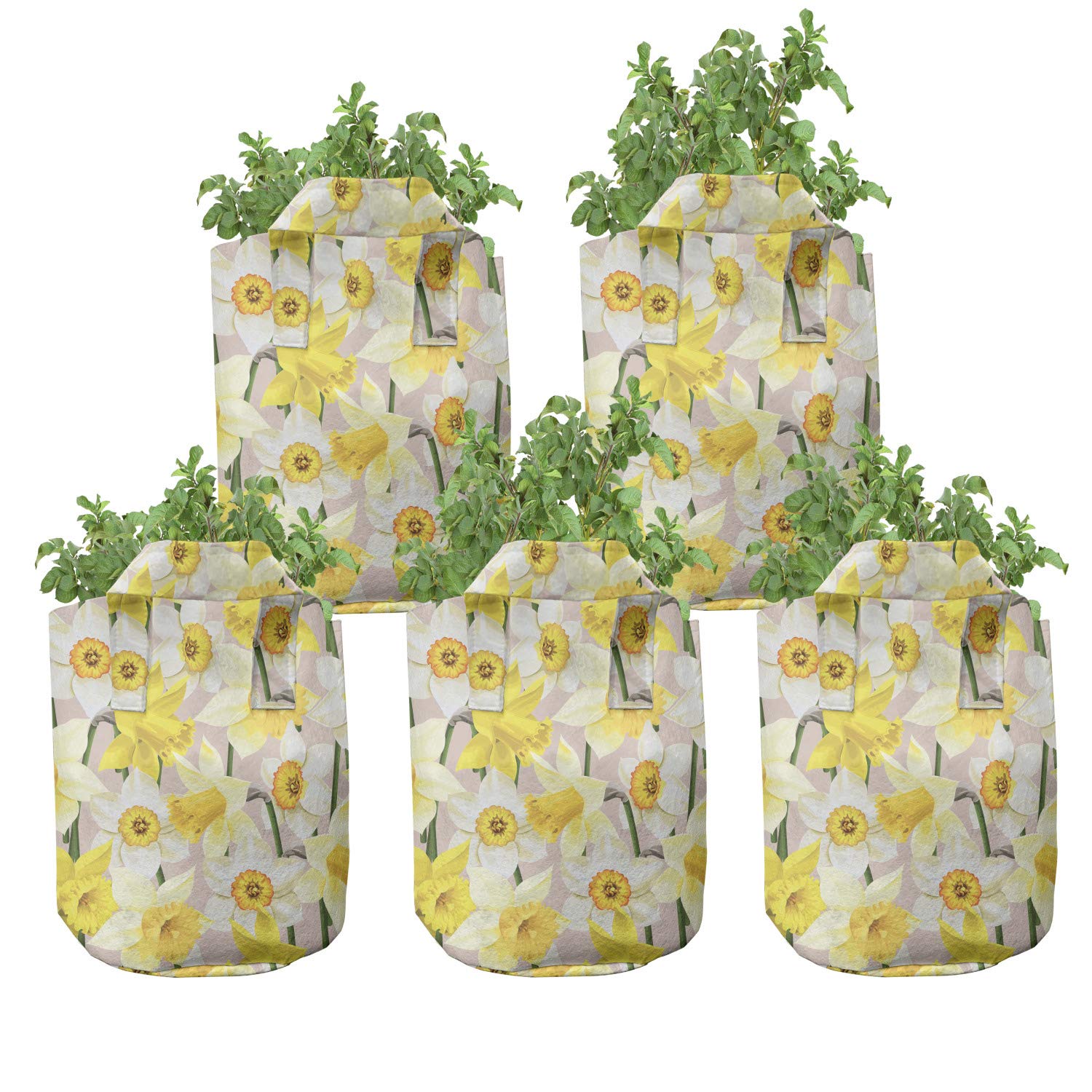 Lunarable 5-Pack Daffodil Grow Bags - Heavy Duty 7 Gallon Fabric Plant Pots with Handles for Bedding Plants (Yellow/Green/Tan) - Perfect for Indoor Gardening, Outdoor Planting & Flower Beds
