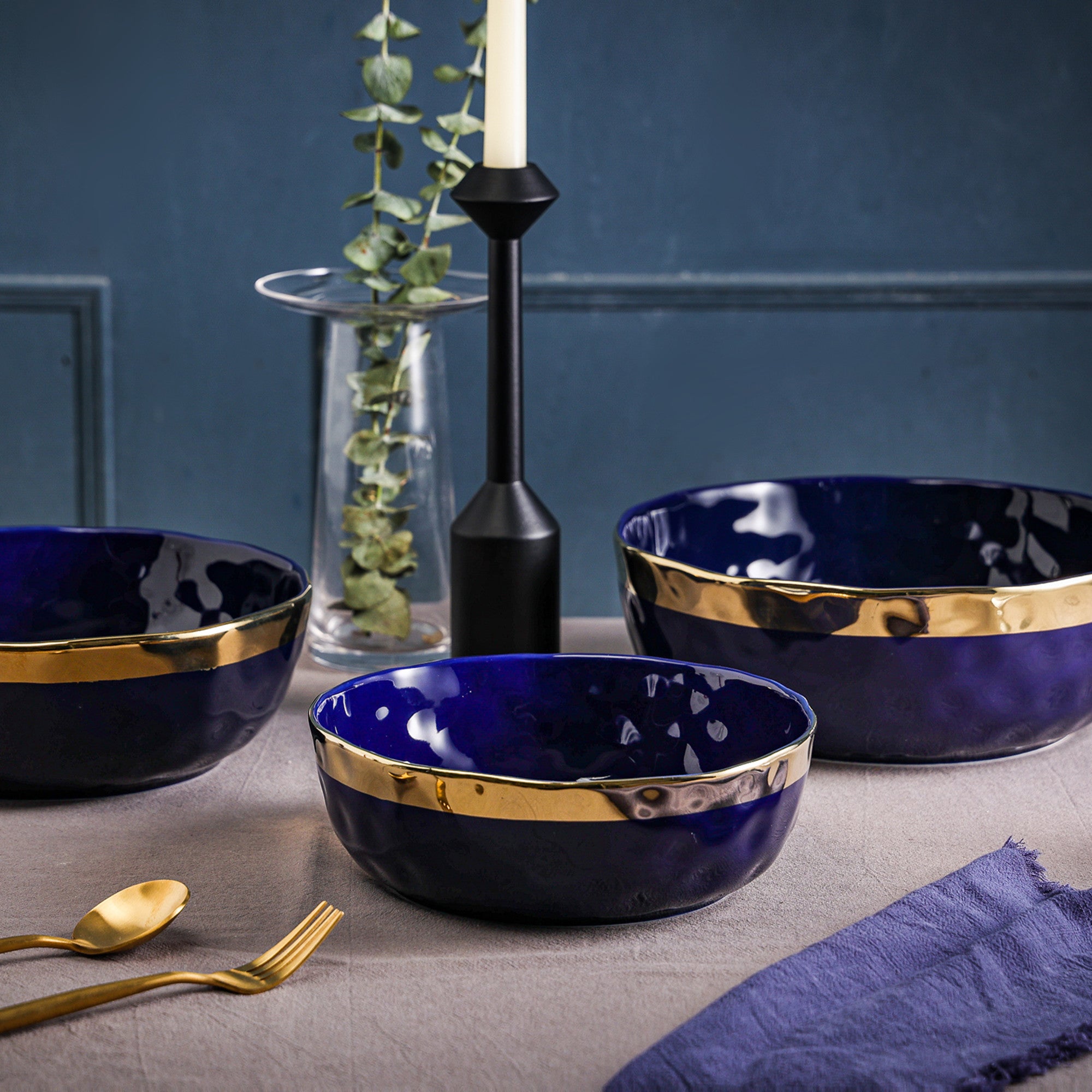 Florian Porcelain Dinner Bowl Set - 6-Piece Blue Ceramic Bowls for Soup, Salad & Dessert | Elegant Tableware for Home Dining & Entertaining