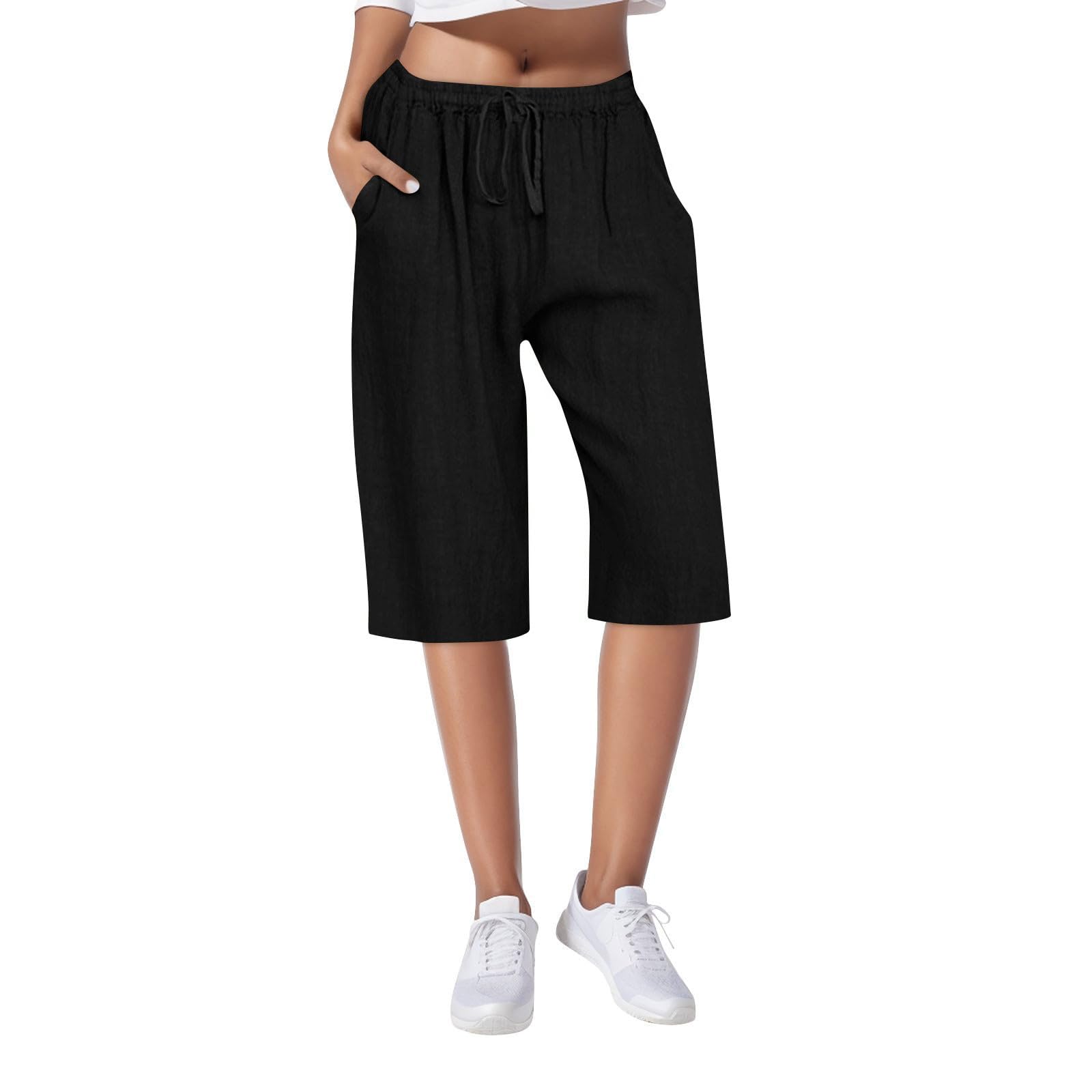 Eiyaclvo 2024 Summer Women's Casual Elastic Waist Pants with Pockets, Solid Loose Drawstring Wide Leg Pants for Outdoor, Travel, and Everyday Wear