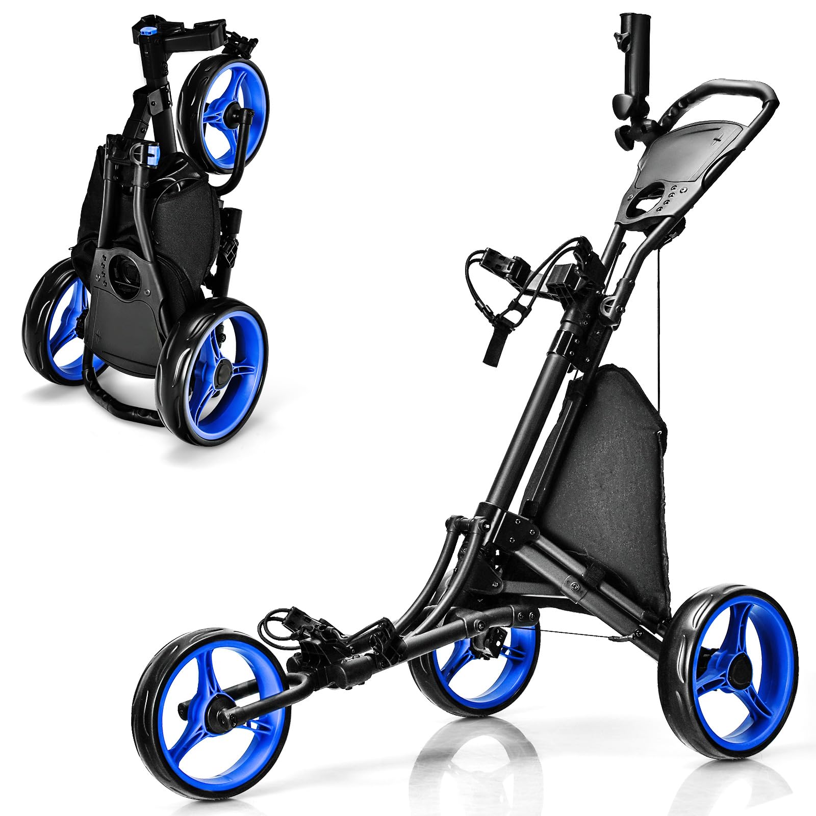 Premium Aluminum 3-Wheel Golf Push Cart - Lightweight Folding Golf Walking Cart with Elastic Strap, Umbrella Holder, Cup Holder & Scoreboard Storage | Adjustable Handle & Foot Brake | Perfect for Golf Courses, Driving Ranges & Outdoor Practice Sessions