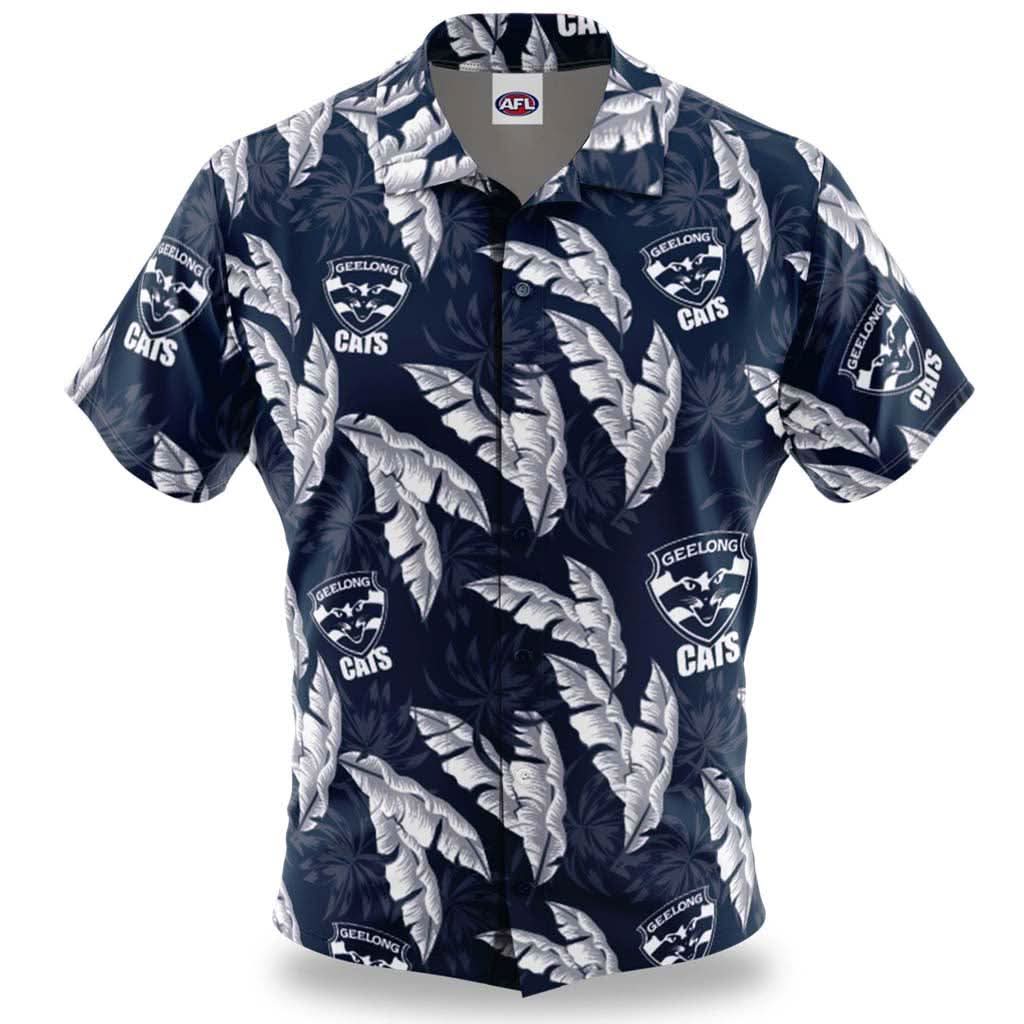 Geelong Cats 'Paradise' Hawaiian Shirt for Men - Official AFL Team Licensed Aloha Shirt - Breathable & Comfortable Summer Beachwear for Fans, Parties, and Tropical Vacations