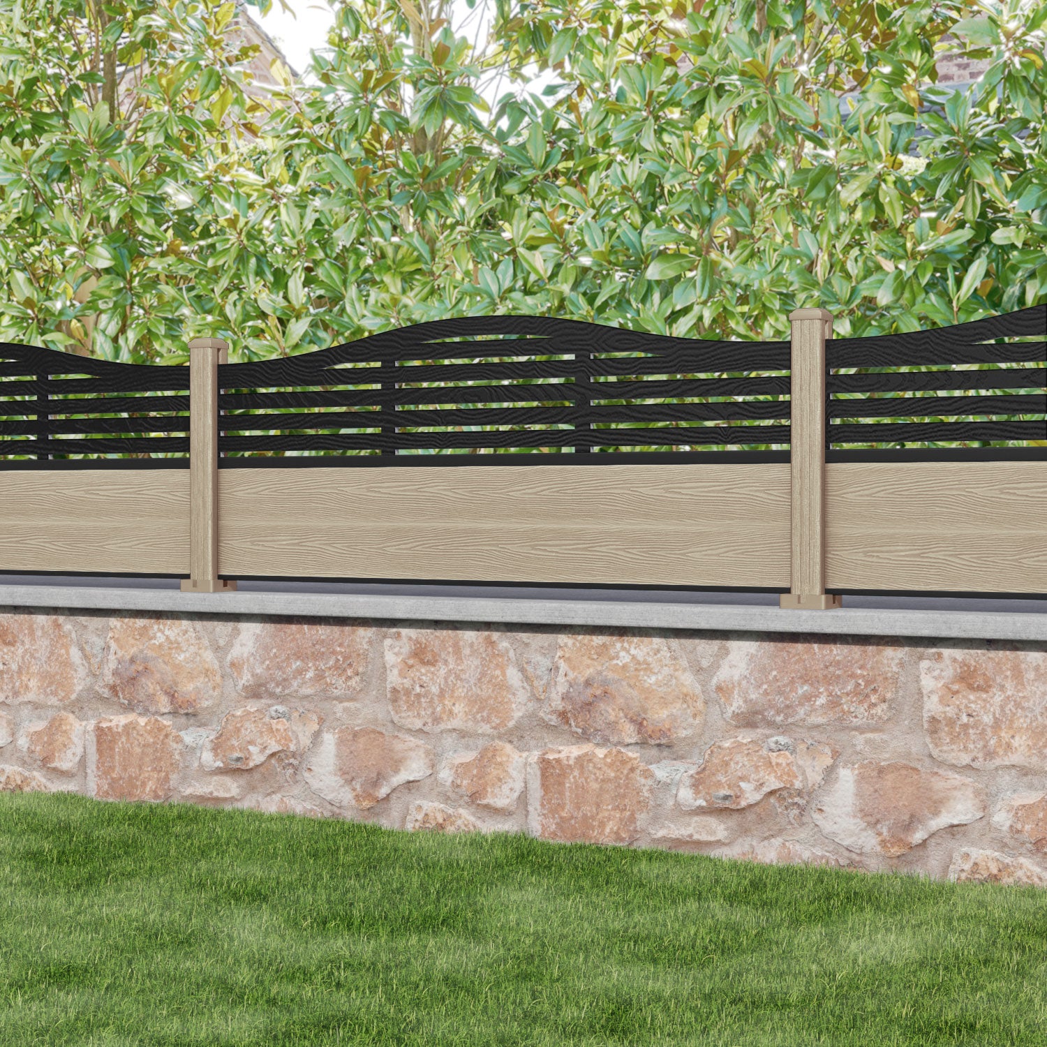 Classic Aspen Curved Top Fence Panel - Light Oak Composite Wood Privacy Fencing with Durable Posts | Perfect for Backyard, Garden, and Poolside Landscaping