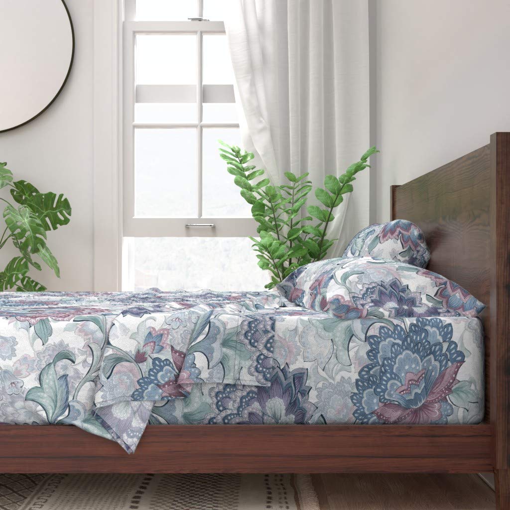 Spoonflower 100% Cotton Twin 3-Piece Sheet Set - Pink White Blue Floral Nature Traditional Chinoiserie Chintz Print Custom Bedding | Soft & Breathable for Cozy Sleep | Perfect for Bedroom, Guest Room & Dorm Decor