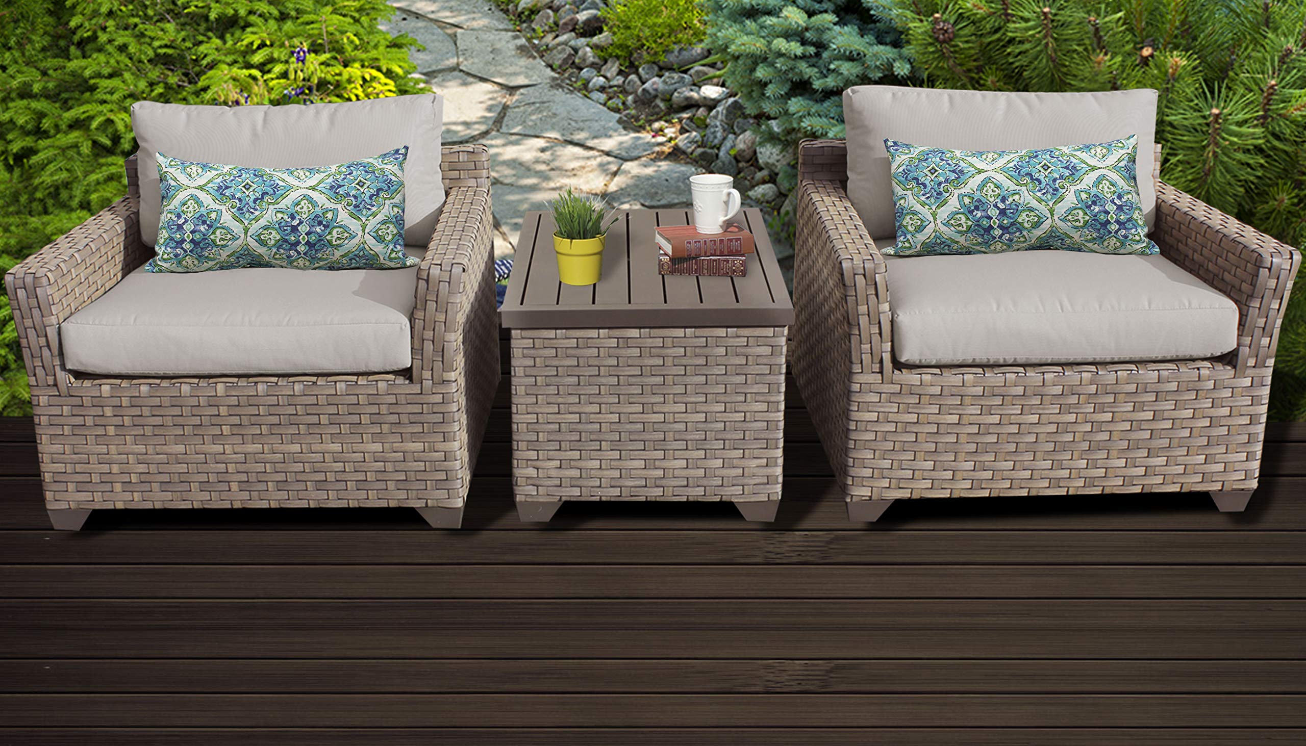 TK Classics MONTEREY-03A 3-Piece Outdoor Wicker Patio Furniture Set in Beige - Perfect for Garden, Poolside & Backyard Relaxation