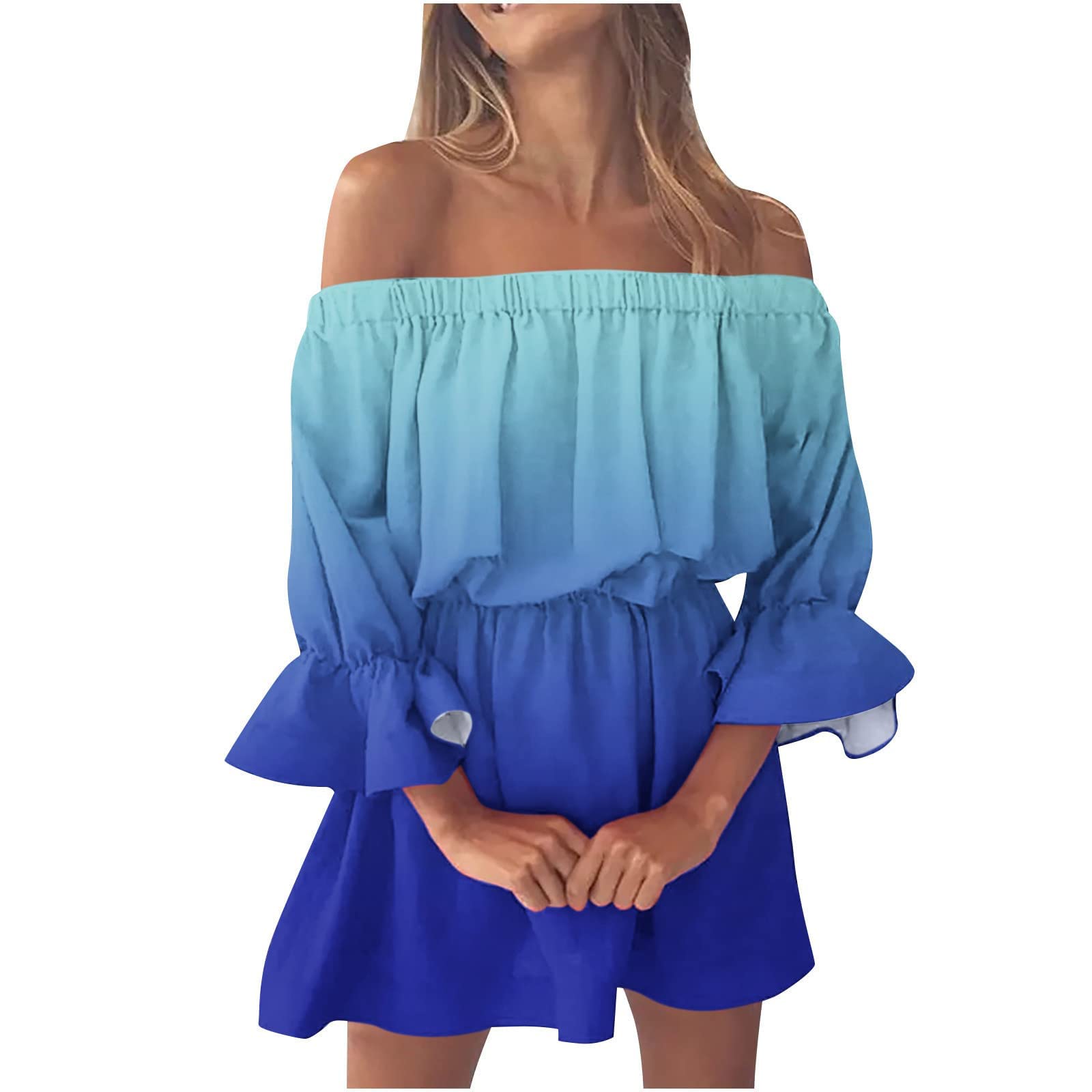 Women's Summer Beach Dresses - Ruffled Shoulder Smocked Long Maxi Casual Dress with Pockets | Perfect for Vacations, Pool Parties & Tropical Getaways