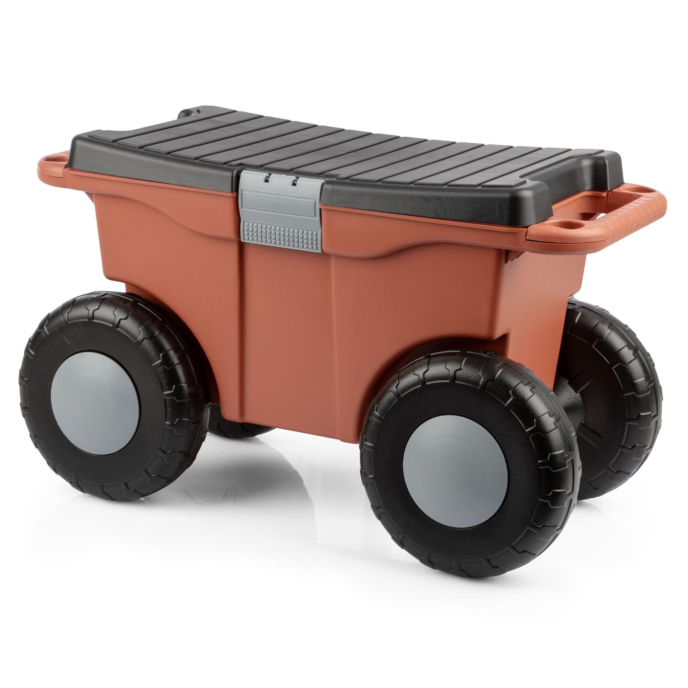 Pure Garden Rolling Garden Cart with Seat - Heavy Duty Plastic Storage Bench with Tool Tray - Gardening Stool for Weeding, Planting & Outdoor Work (Terracotta) - Perfect for Backyard, Patio & Greenhouse Use
