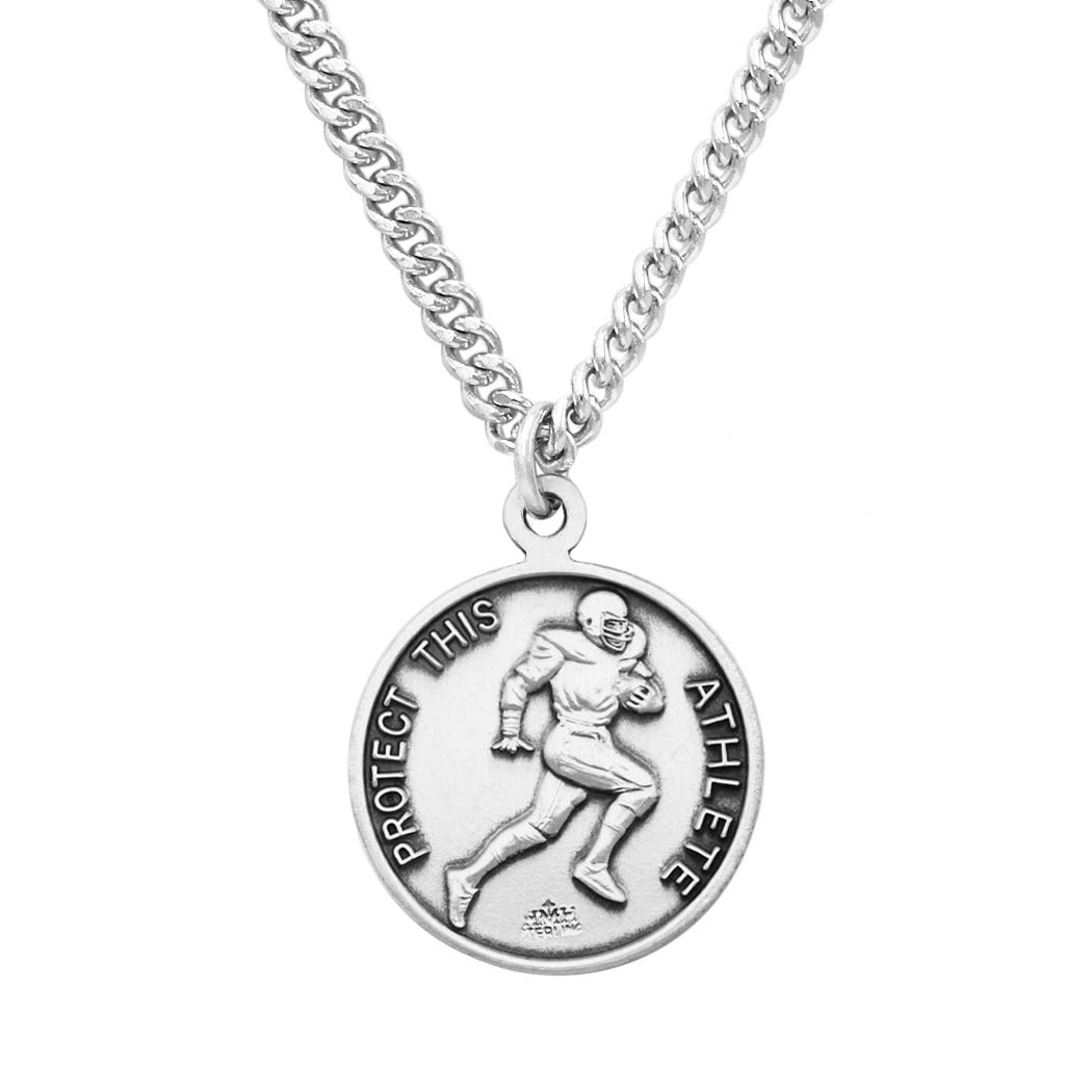 Men's Sterling Silver Saint Christopher Protect This Athlete Sports Medal Pendant Necklace - 24 Inch Religious Gift for Football Players - Perfect for Game Day, Sports Events & Spiritual Protection