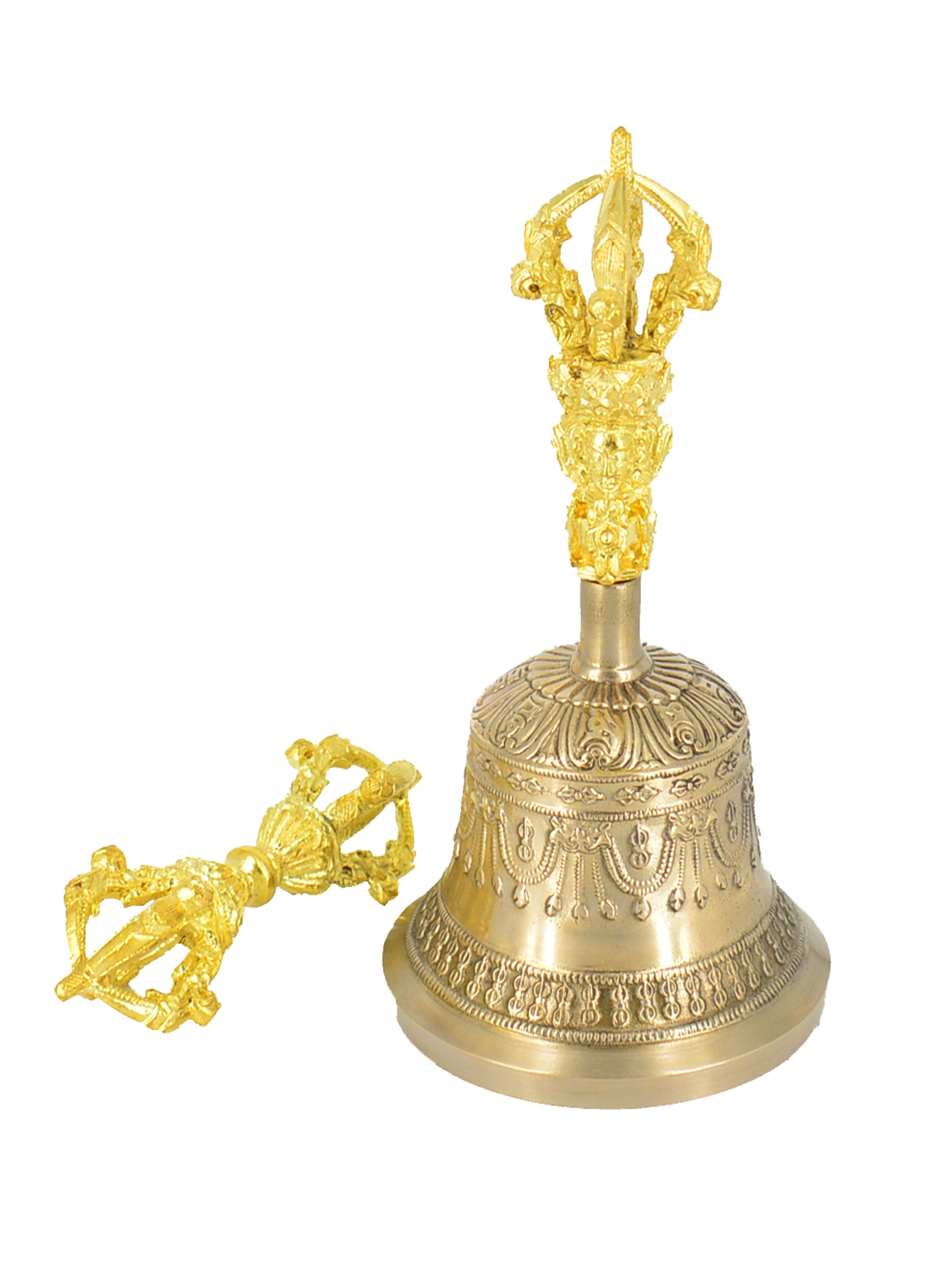 6-Piece Gold Plated Tibetan Bell & Dorje Set - Handmade Meditation & Yoga Accessories for Spiritual Healing & Home Decor