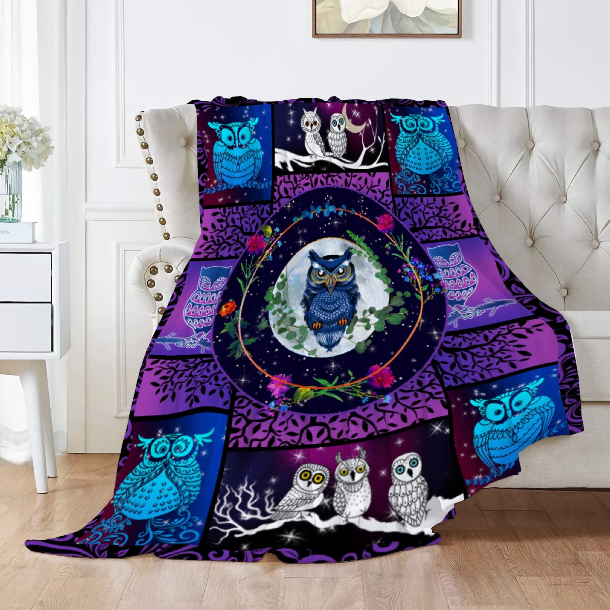 MYSTCOVER Owl Print Flannel Blanket - Lightweight, Cozy & Warm Plush Throw for Home, Travel & Gifts - Oversized King 120