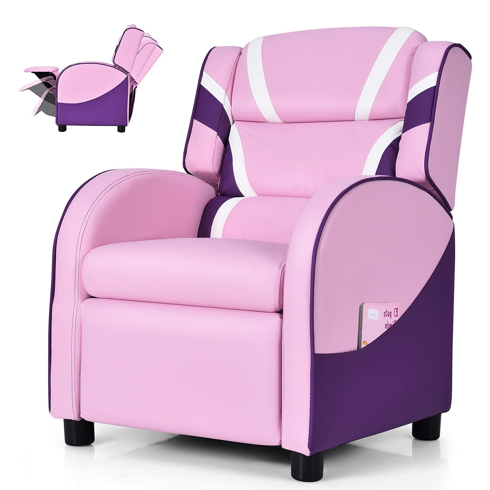 Kids Recliner Sofa - PU Leather Armchair with Adjustable Footrest & Headrest, Gaming Reclining Chair for Boys Girls Toddlers - Perfect for Living Room, Nursery, Reading & Relaxing - Ideal Birthday & Christmas Gift (Pink)