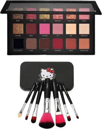 18-Color Rose Gold Eyeshadow Palette with Highly Pigmented Shimmery Shades & 7-Piece Makeup Brush Set - Perfect for Party, Wedding & Everyday Glam Makeup Looks (Pack of 8)