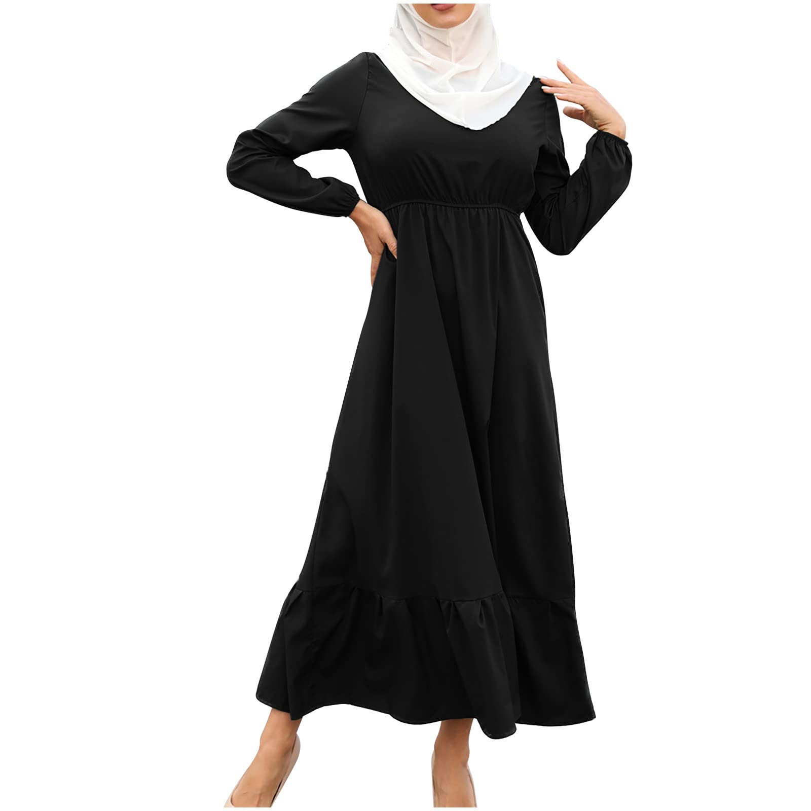 Women's Muslim Summer Dresses - Long Sleeve Solid Color Zipper Dress for Modest Fashion | Perfect for Eid, Prayer & Casual Wear