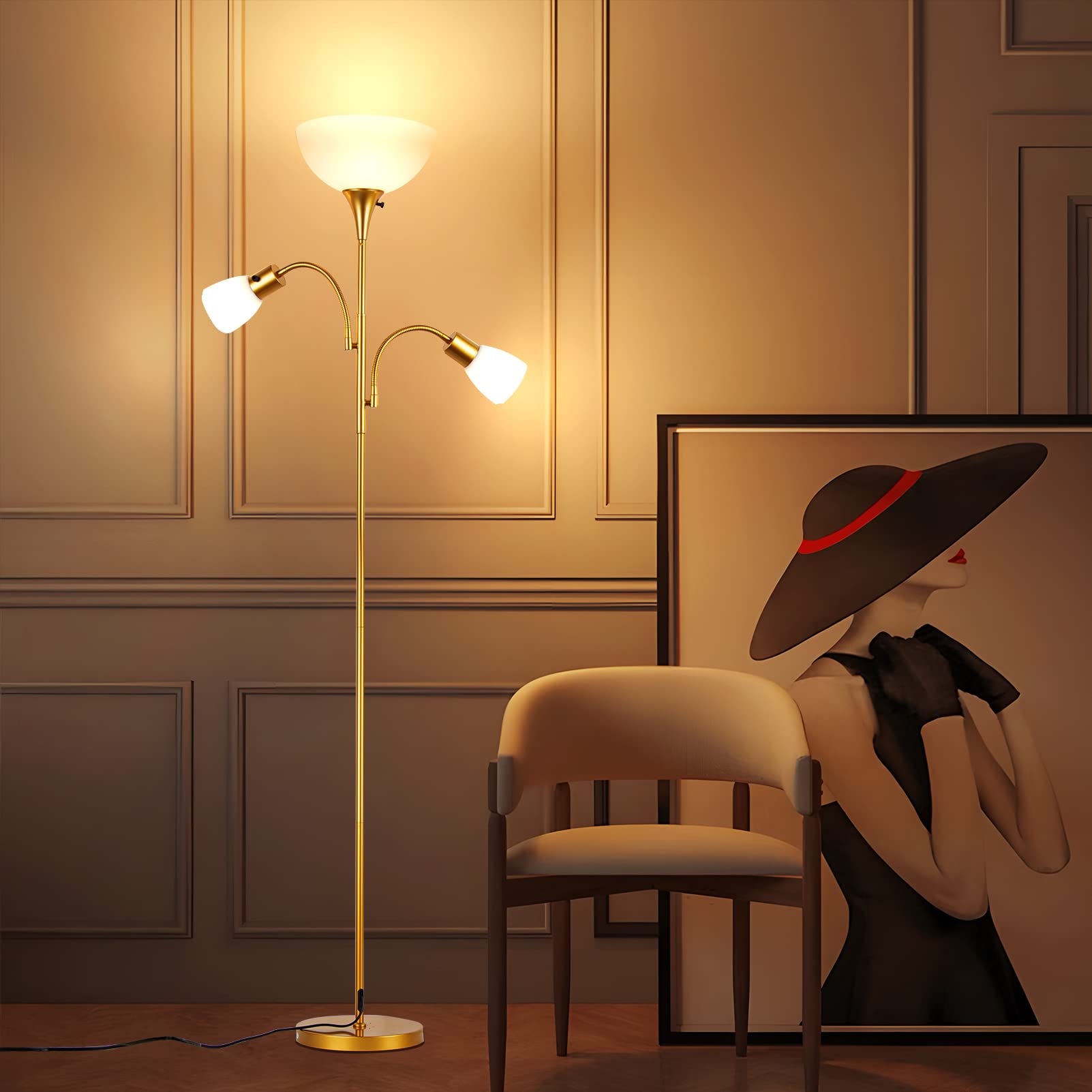 9W LED Floor Lamp with 3 Adjustable Gooseneck Lights - 3000K Warm White Torchiere & Reading Lamp for Living Room & Office - Eye-Caring Super Bright Standing Light (Gold) - Perfect for Cozy Reading, Task Lighting & Modern Home Decor