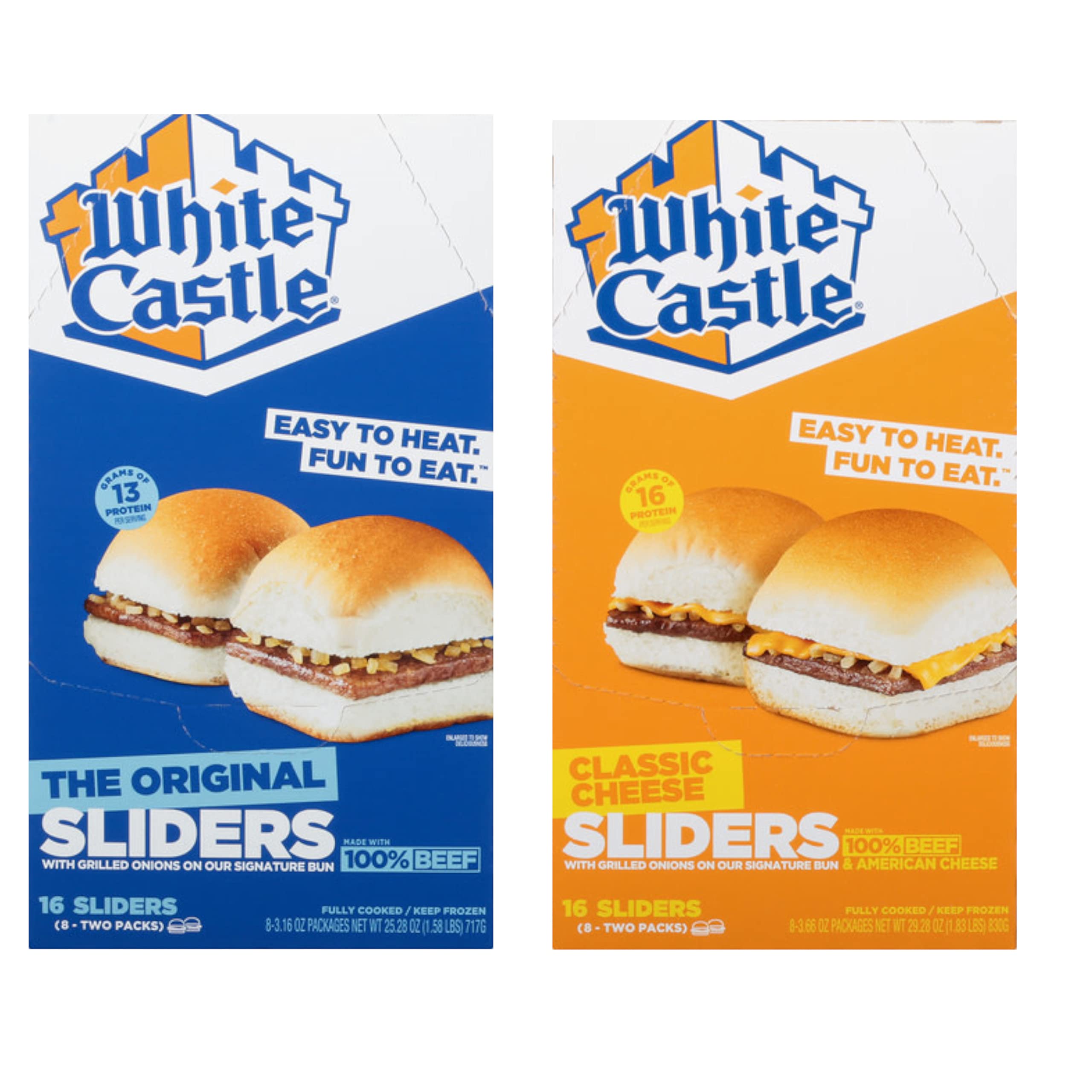 White Castle Sliders Variety Pack - 100% Beef Hamburgers & Cheeseburgers with Grilled Onions on Signature Buns - Ready to Eat Gourmet Frozen Sliders - Includes Donate a Meal Program - Perfect for Quick Meals, Parties, and Late-Night Snacks
